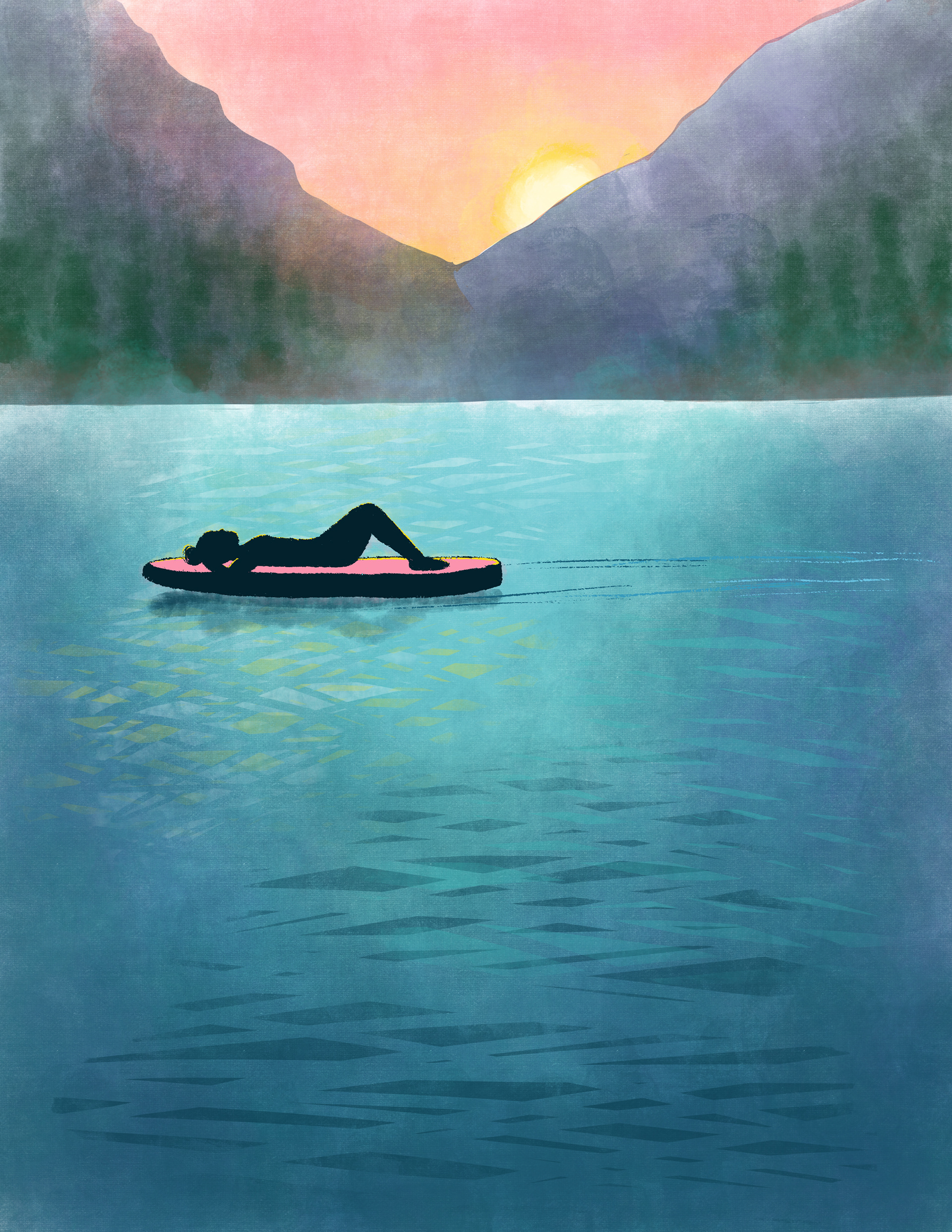 Mock book cover illustration for a young adult contemporary novel, featuring a girl lying on her paddle board in the middle of a lake, with the sun setting behind the mountains