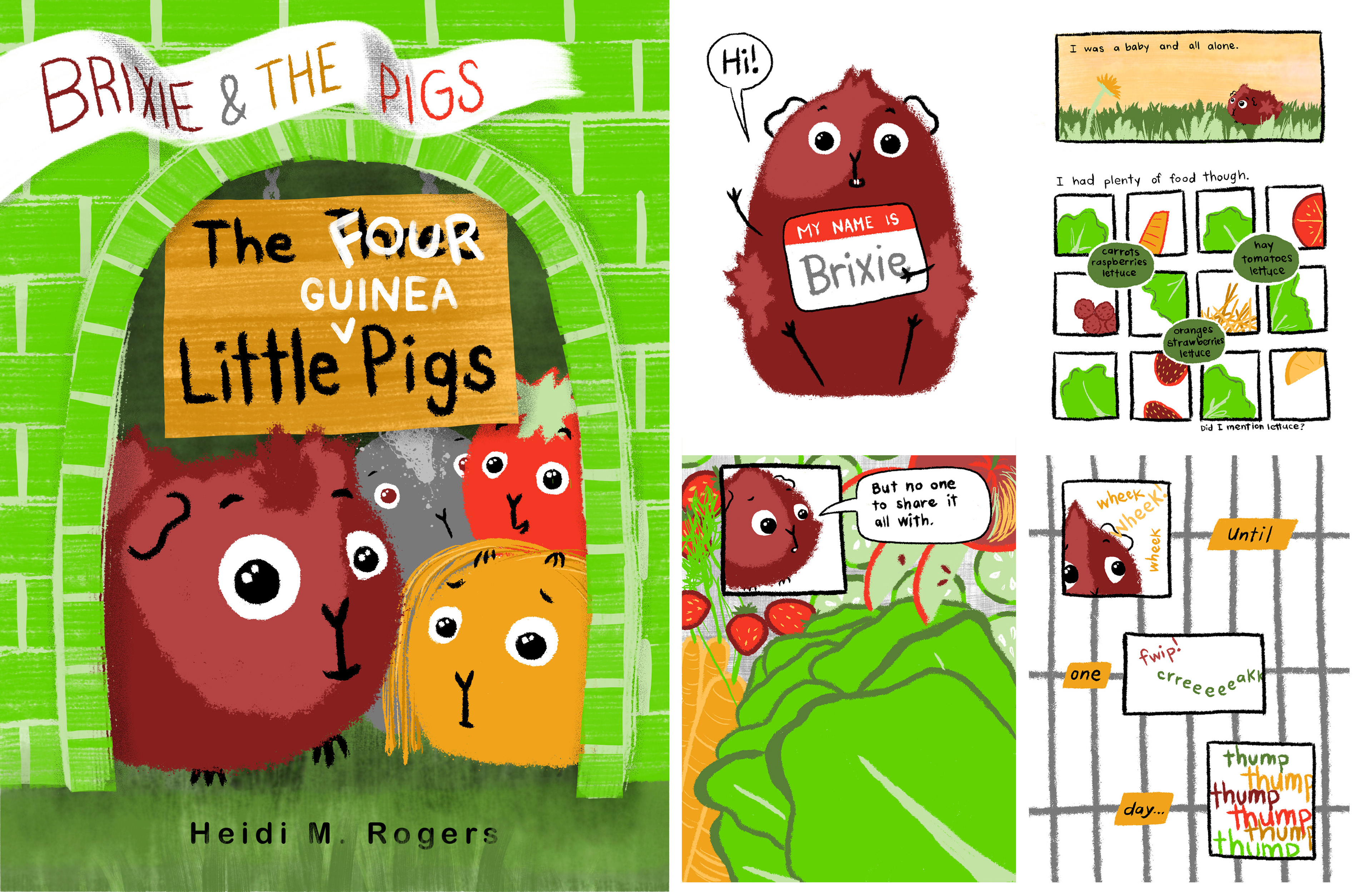 Cover and first few spreads from an early reader graphic novel about neurodivergent guinea pigs
