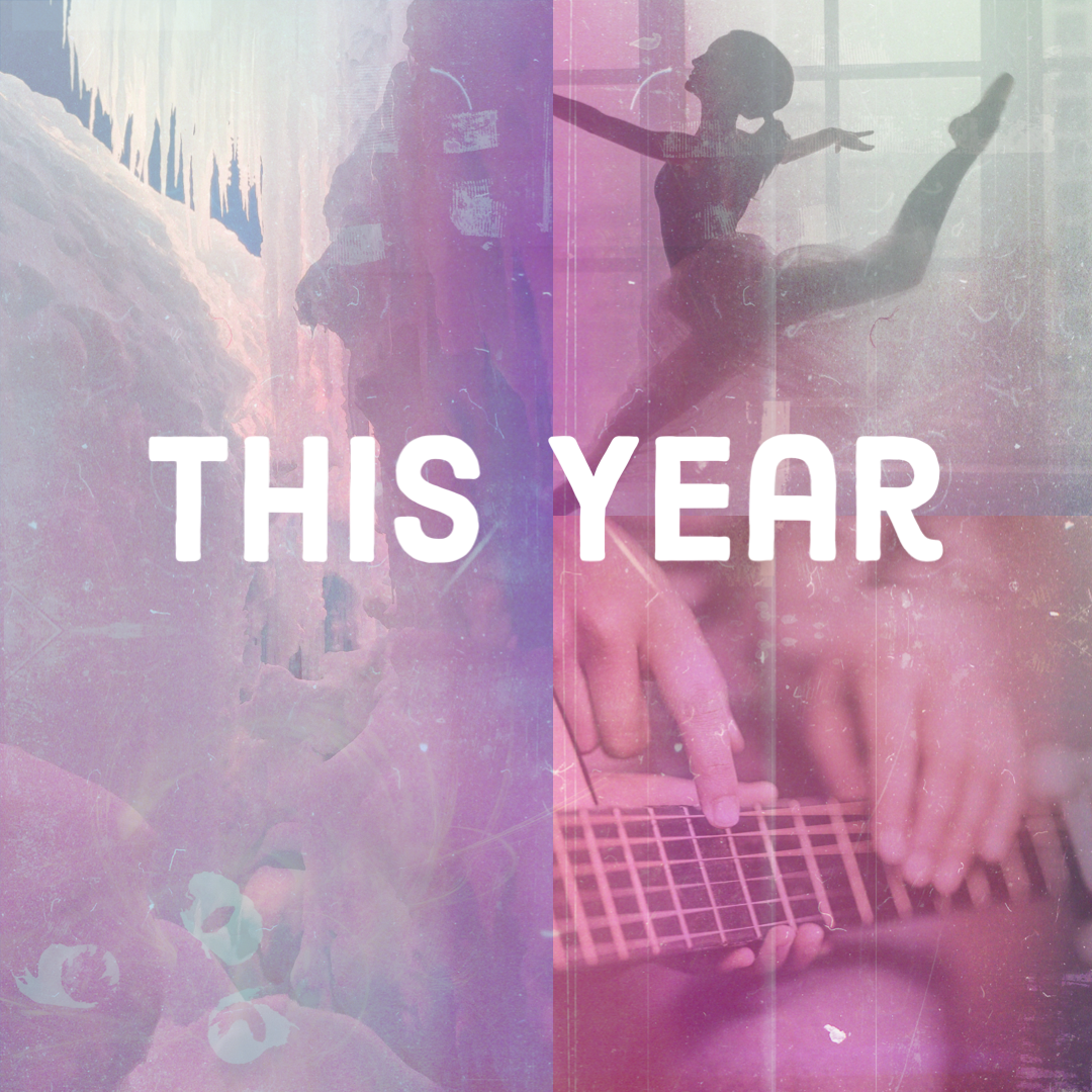 Divided into a collage of three images with a pink grungy overlay, the left features ice walls, the upper right is a ballerina, and the bottom right is hands on the neck of a guitar. Text reads "THIS YEAR" the title of a three-part, multi-point-of-view contemporary YA about three girls experiencing grief, forgiveness, friendship, and falling in love during the “most wonderful time of the year.”
