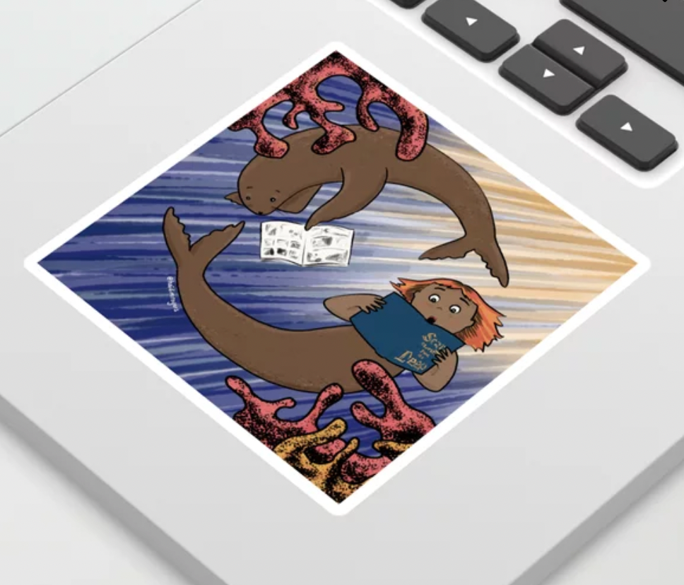 Mermaid and sea lion reading sticker
