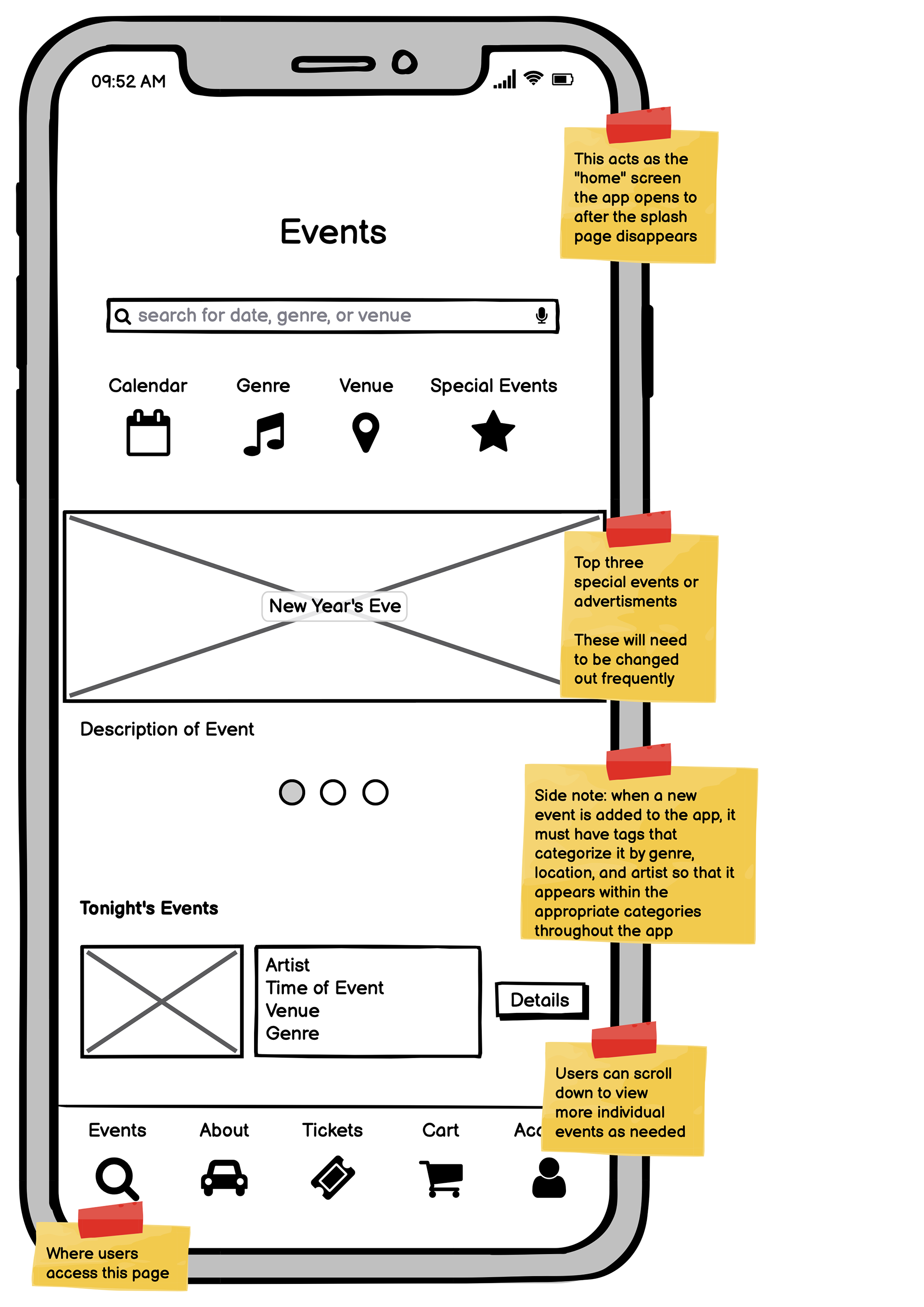 The events screen also acted as the home page.