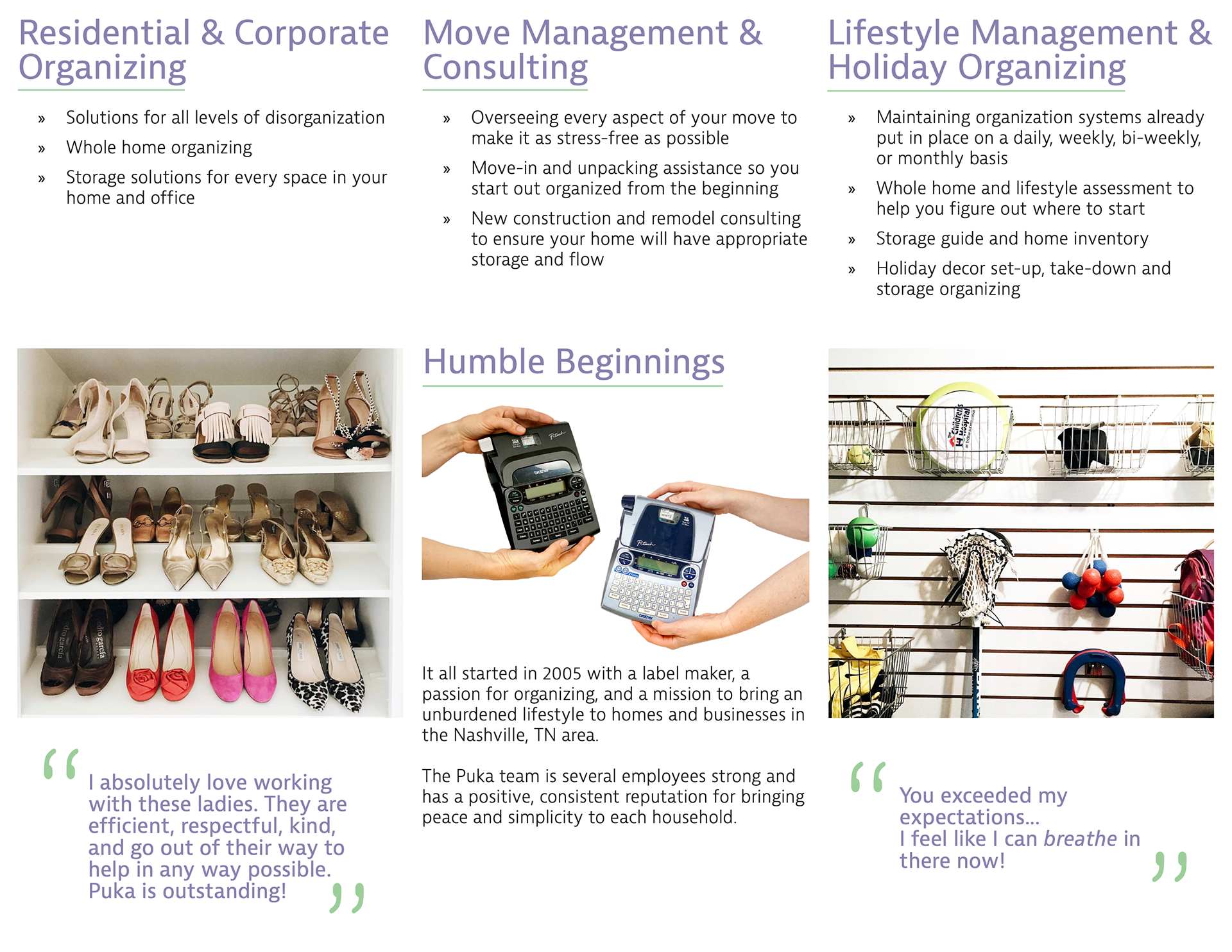 Page Two of a brochure designed for Puka Organizing.