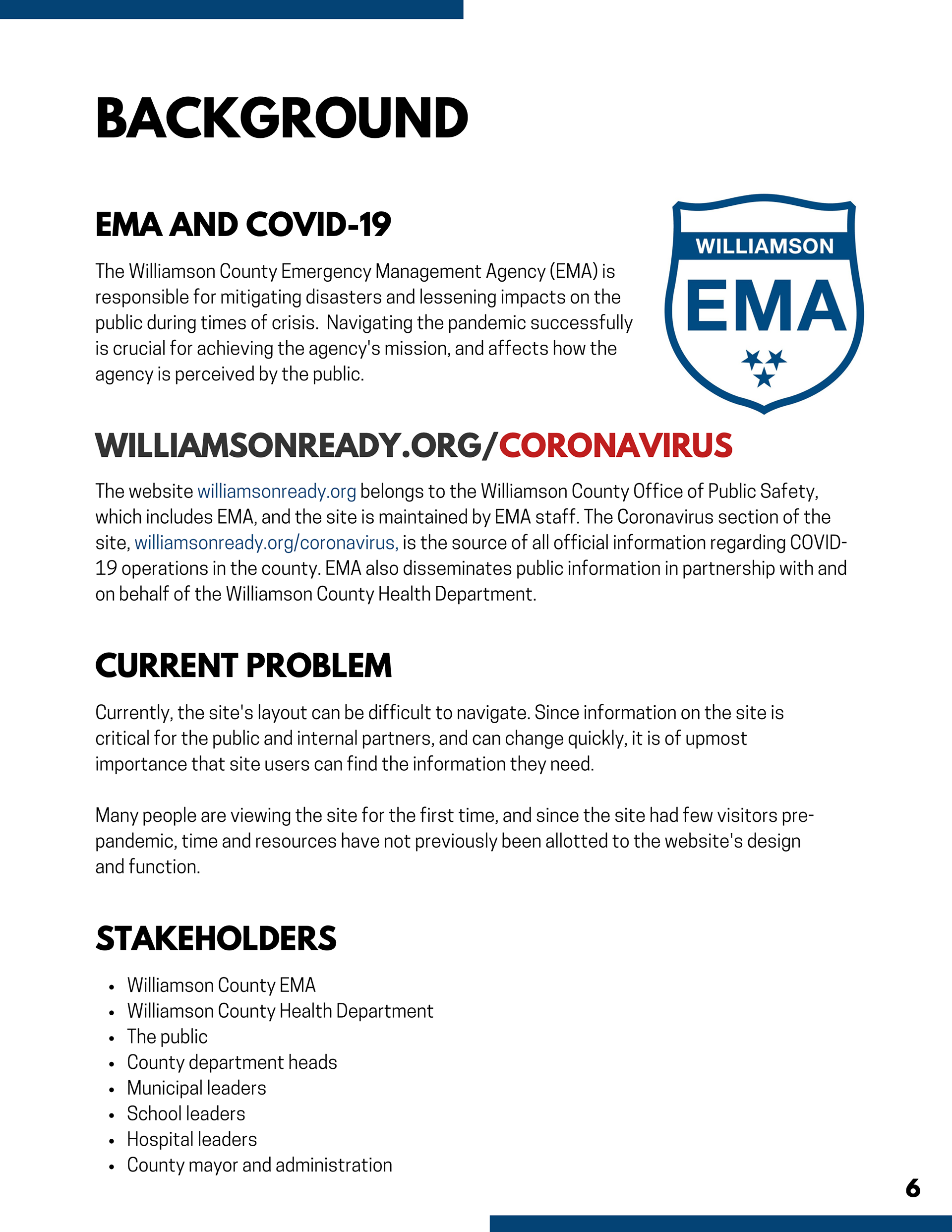 Background information on the current website and stakeholders.
