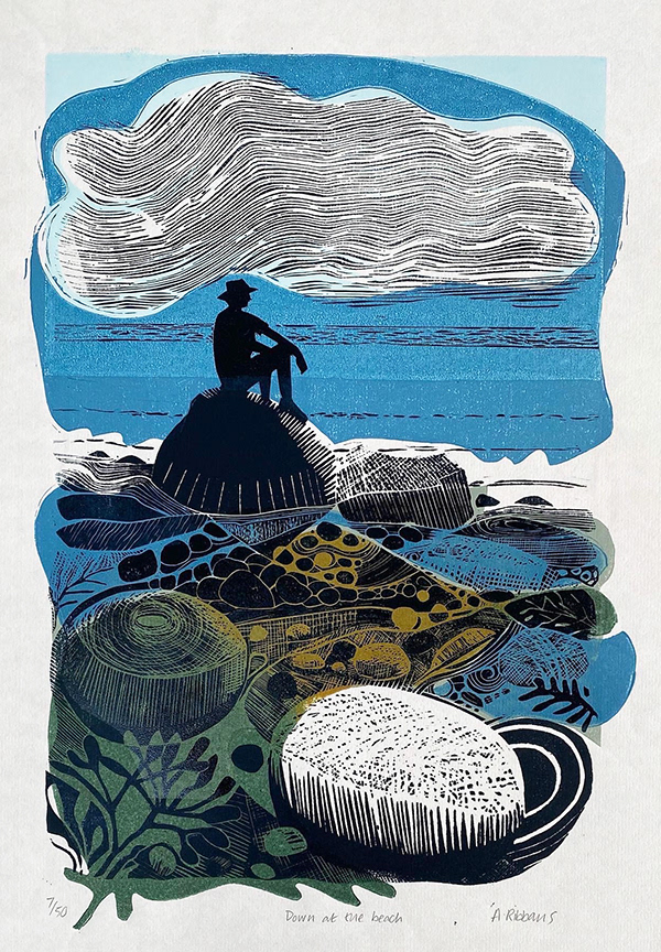 Down at the Beach - Multiblock linoprint