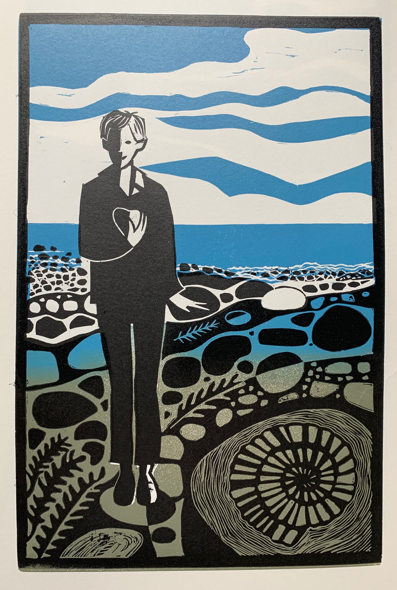 Linocut: Becky on the Beach