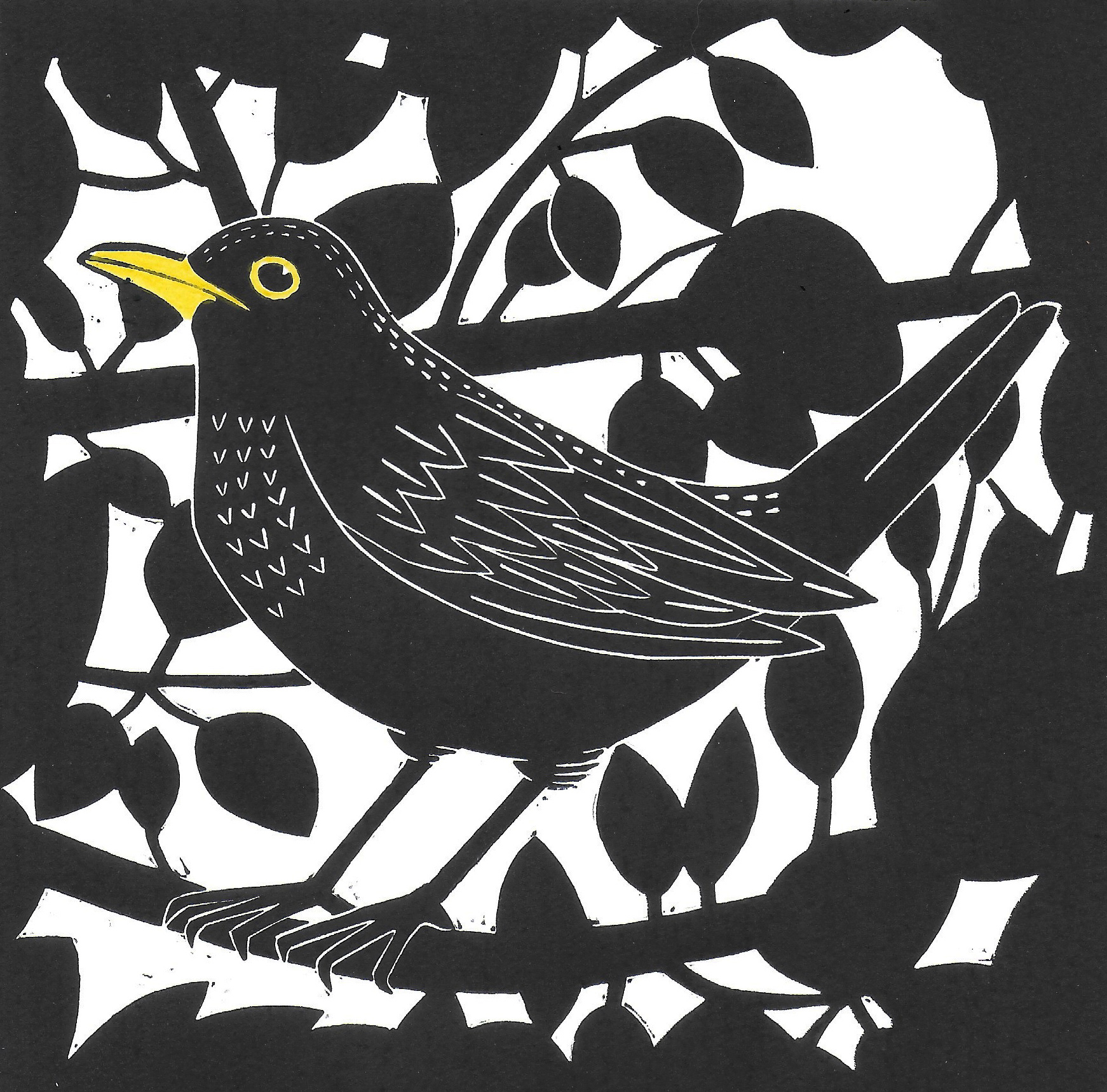 Blackbird - Hand-coloured Linoprint - £50