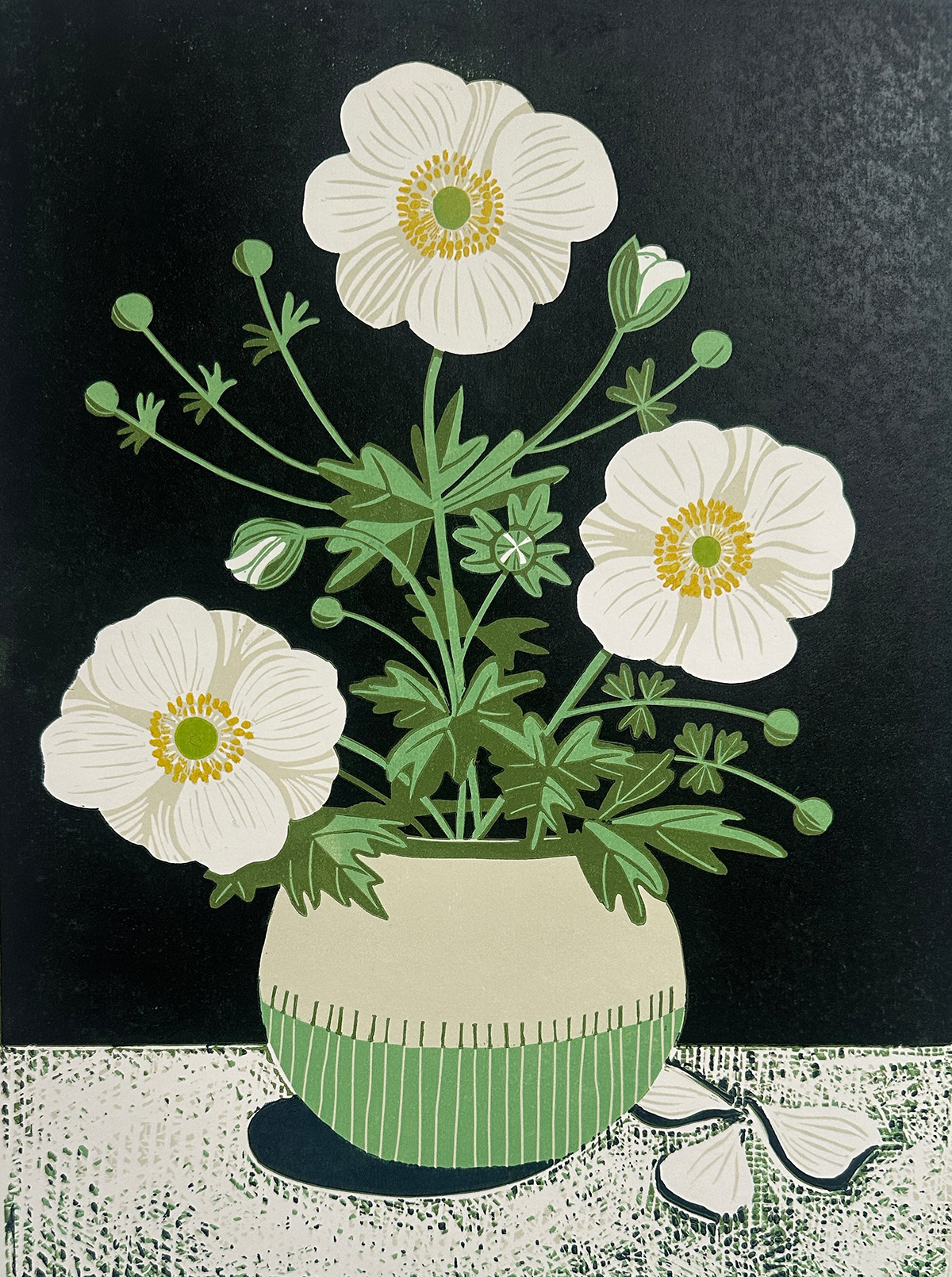 Japanese Anemones - reduction linoprint edition of 20