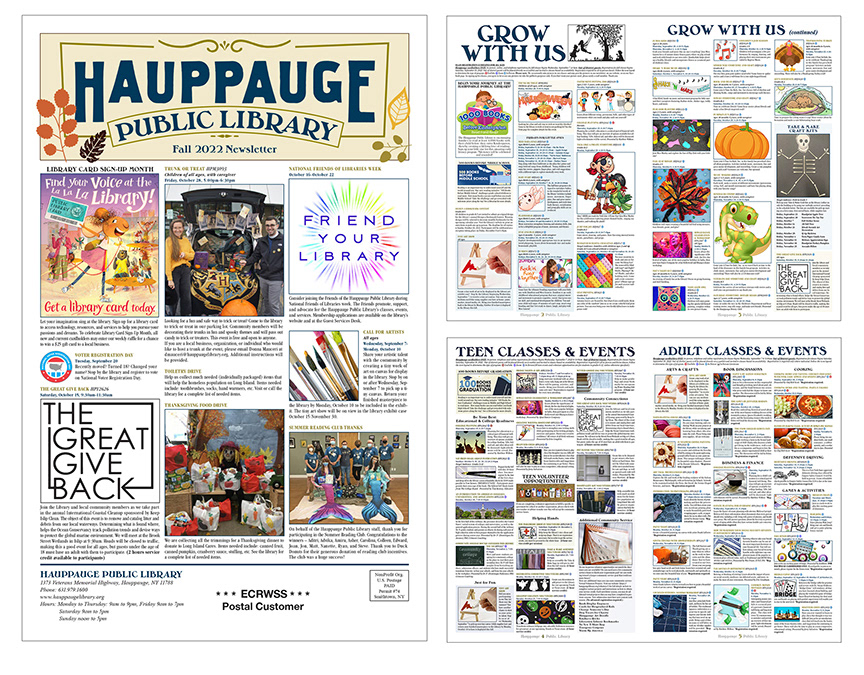 "FALL 2022 NEWSLETTER," HAUPPAUGE PUBLIC LIBRARY: Art direction, design and production.