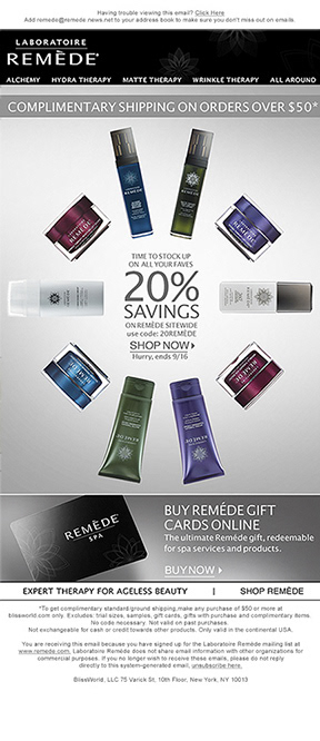 "20% SAVINGS," REMÈDE EMAIL: Design and code patches.