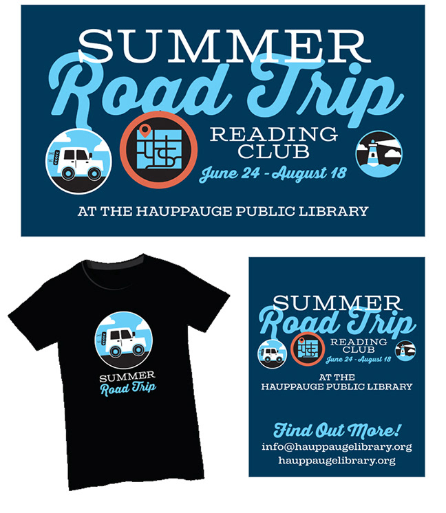"SUMMER READING CLUB" VINYL BANNER, T-SHIRT AND FACEBOOK POST, HAPPAUGE PUBLIC LIBRARY: Creative direction, design and production.