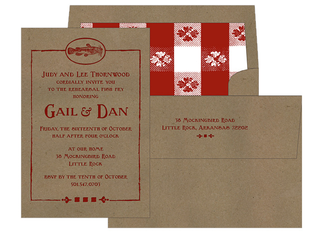 "FISH FRY" LETTERPRESS REHEARSAL DINNER INVITE DESIGN: Creative direction, design and production.