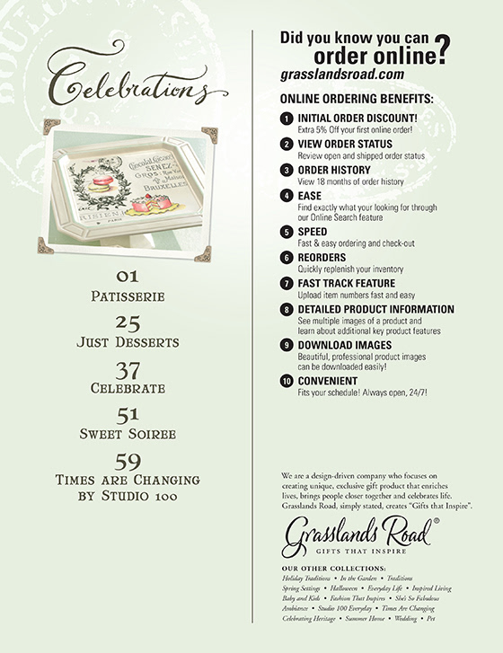 "CELEBRATIONS" CATALOG CONTENTS PAGE FOR GRASSLANDS ROAD: Creative direction, design and production.