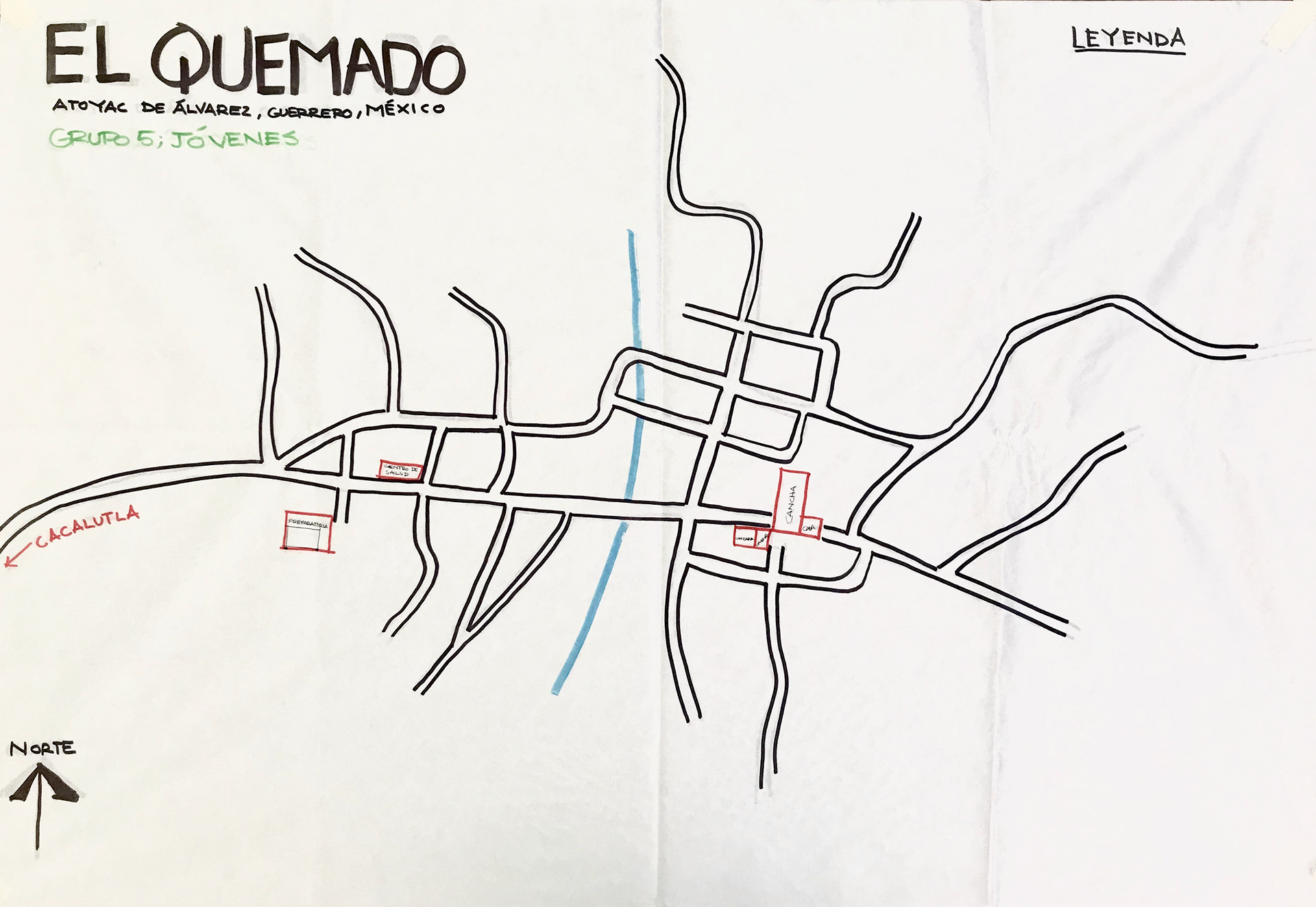 A participatory mapping of the important communal spaces in El Quemado.