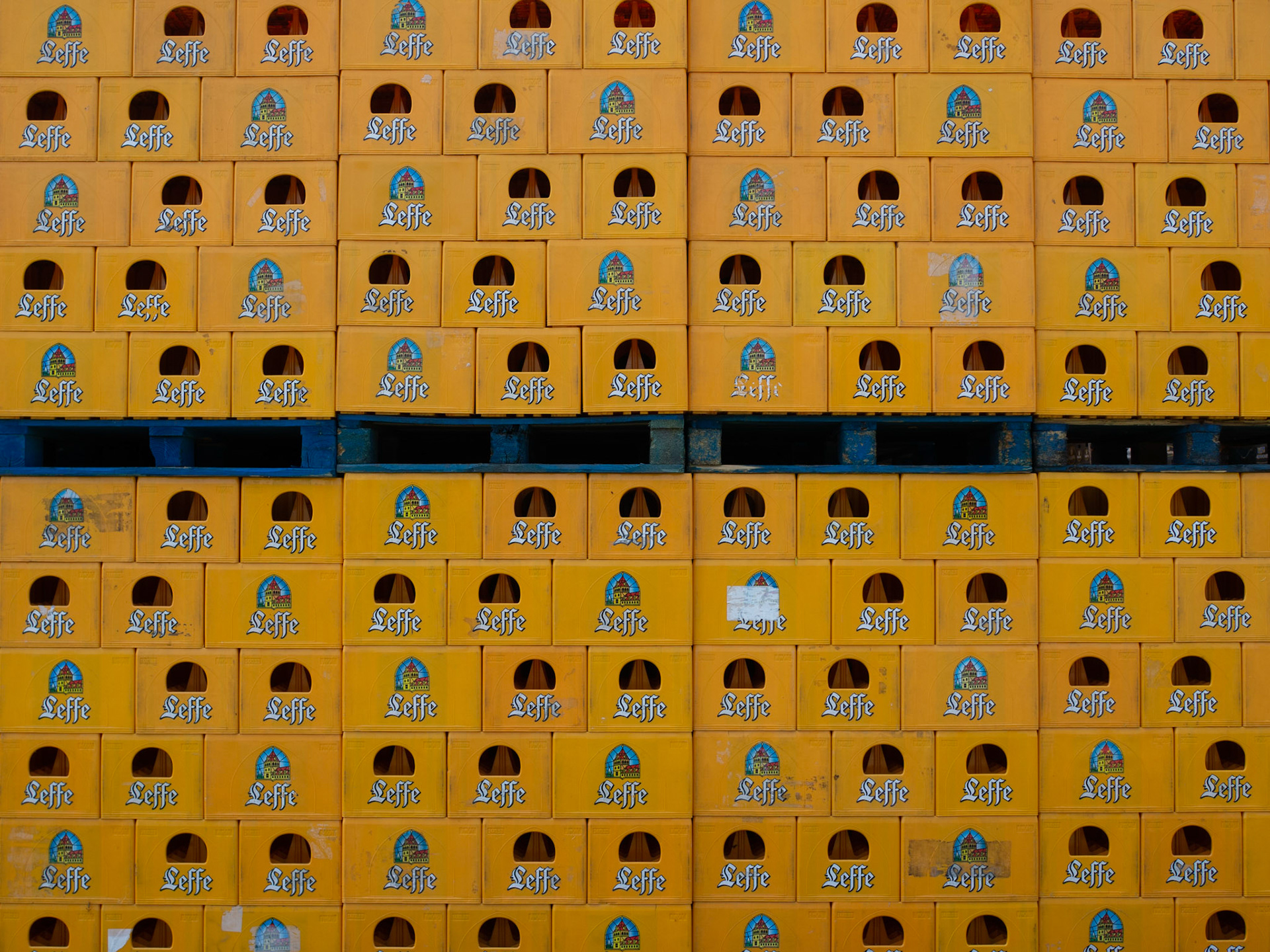 Leffe abbey beer crates on an industrial scale