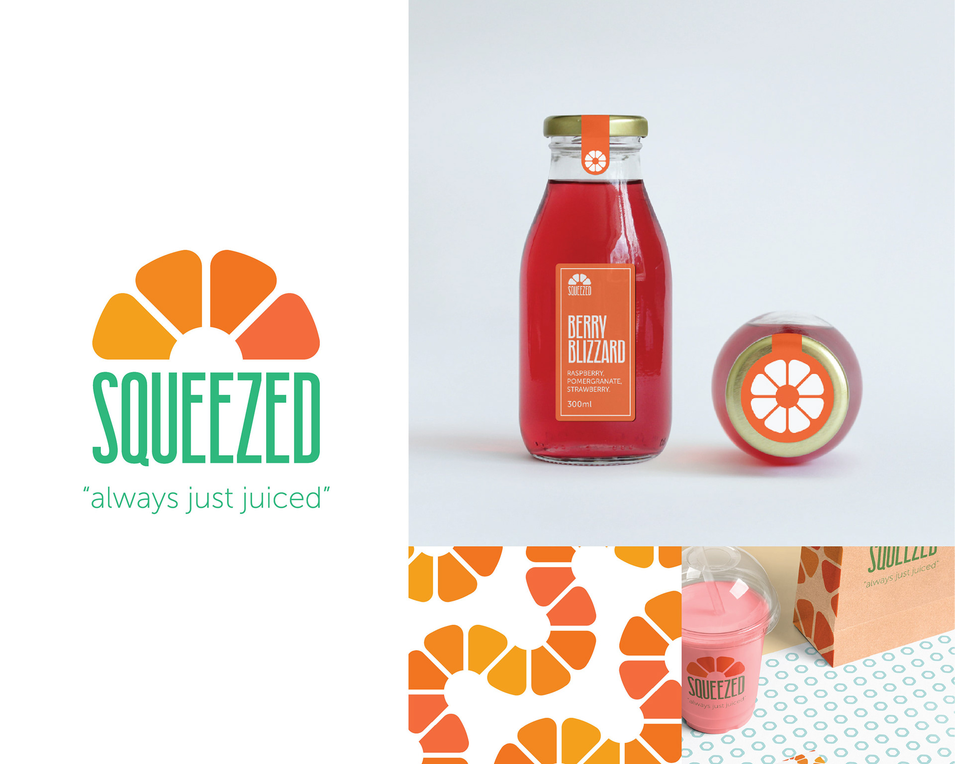 Squeezed: Sample logo and branding design created as an option for a juice company.