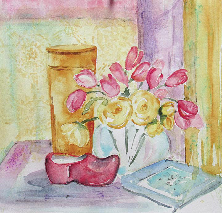 Red Shoe with Flowers  8 x 8