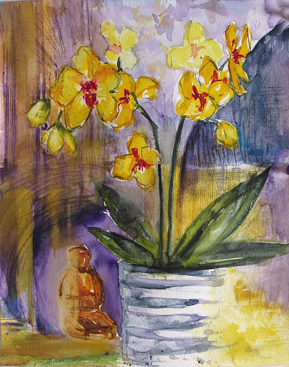 Buddha with Orchid  11.5 x 9
