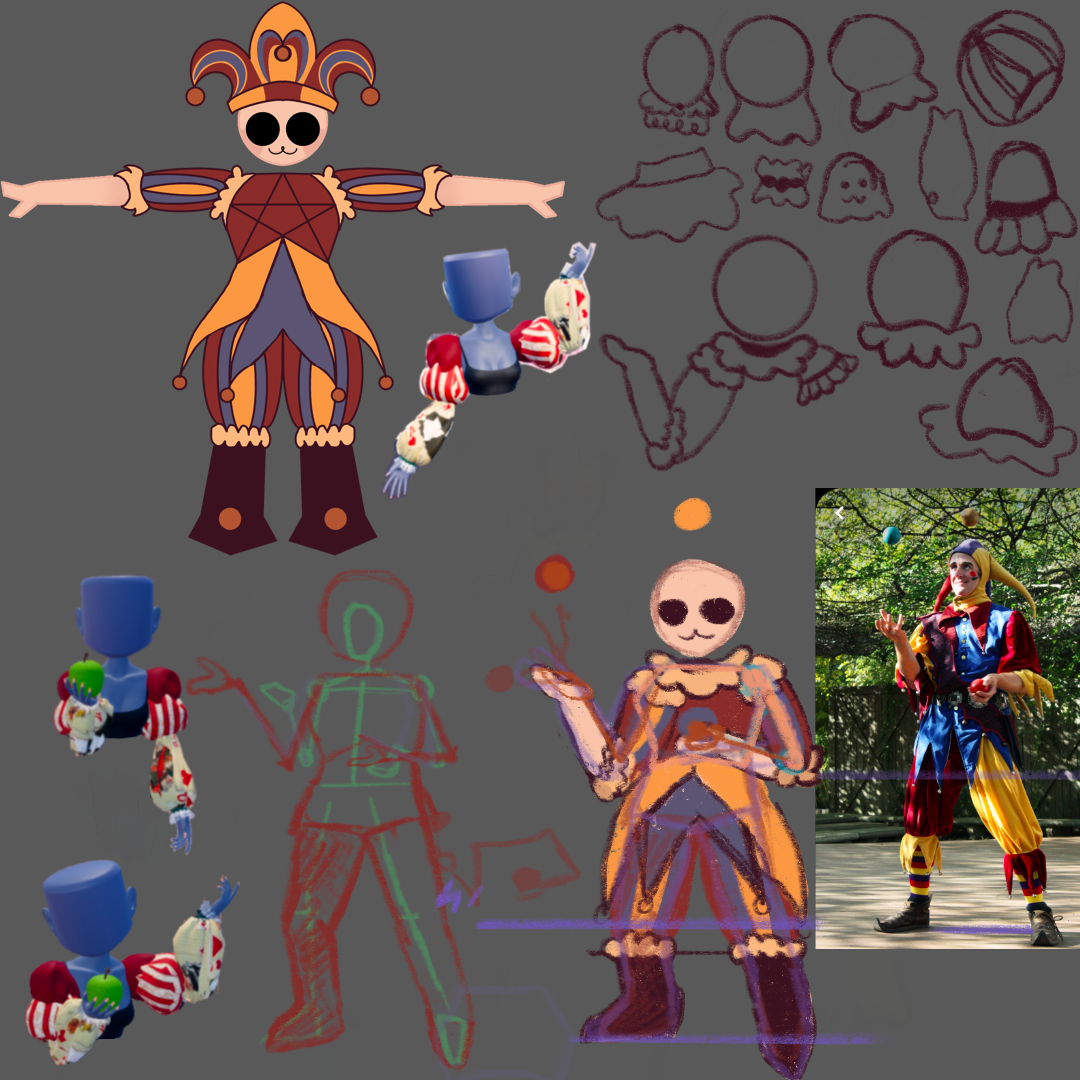 Jester character, with a pose and sleeve exploration. Sleeves from the Roblox game Dress to Impress was used to have a reference shape of the sleeves