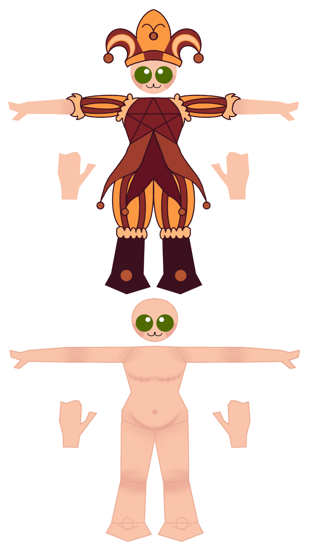 Jester character, in a T pose to work out proportions and test outfit and colors.