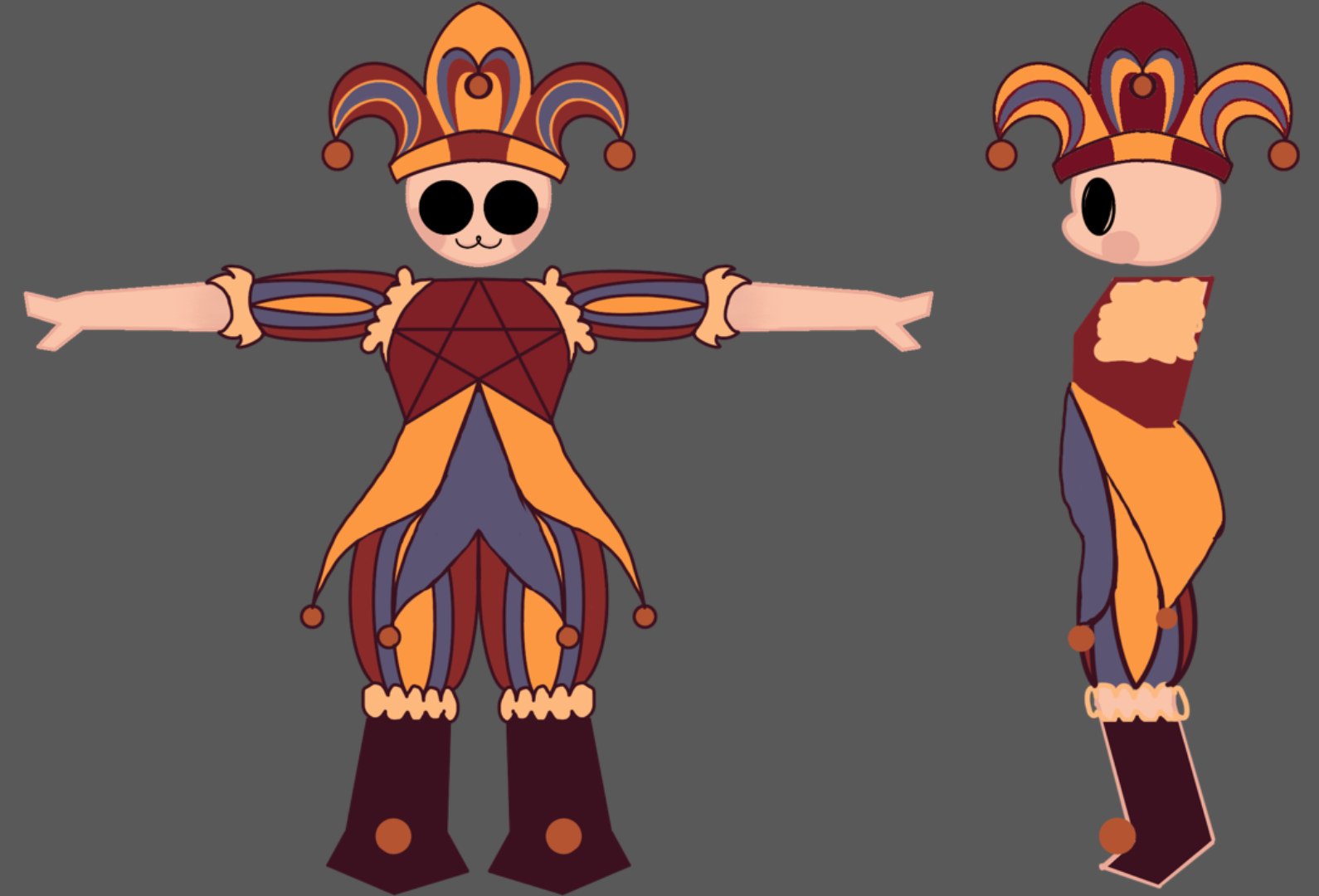 A turn around drawing of the jester character
