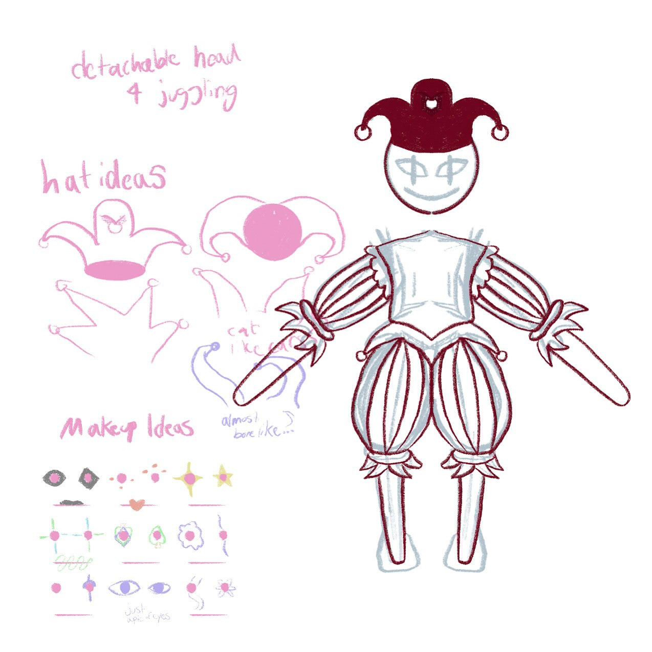 The first pass at the character, with explorations of different hats and faces