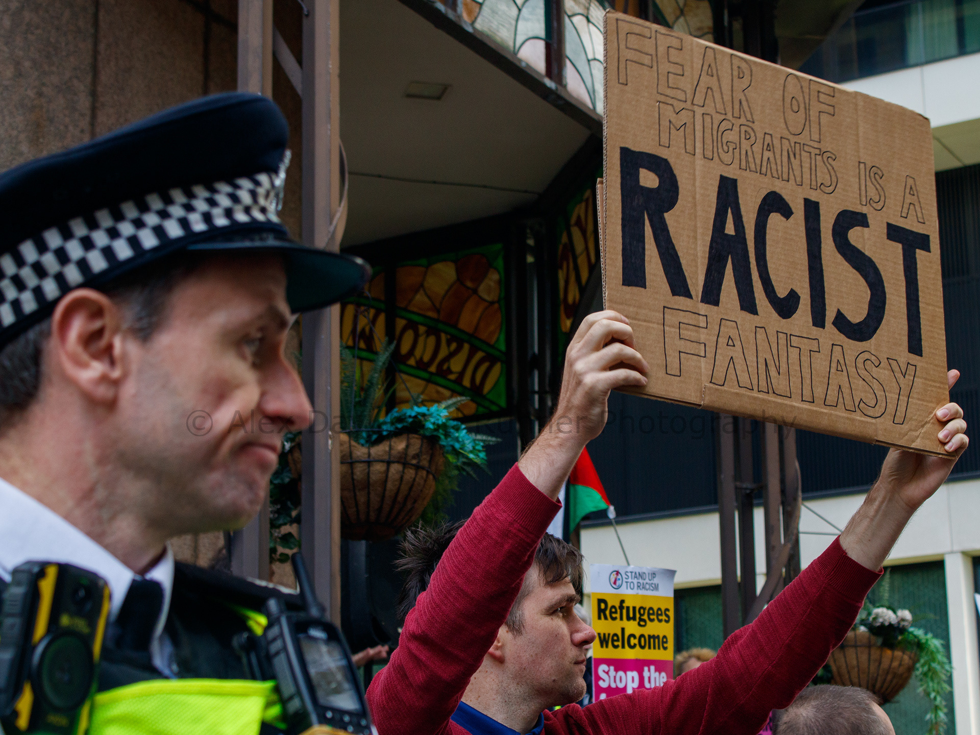 Stand Up To Racism protesters at the Britannia Hotel Canary Wharf