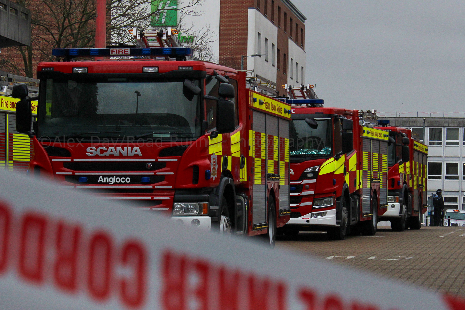 Fire appliances at a chemical incident in Harlow