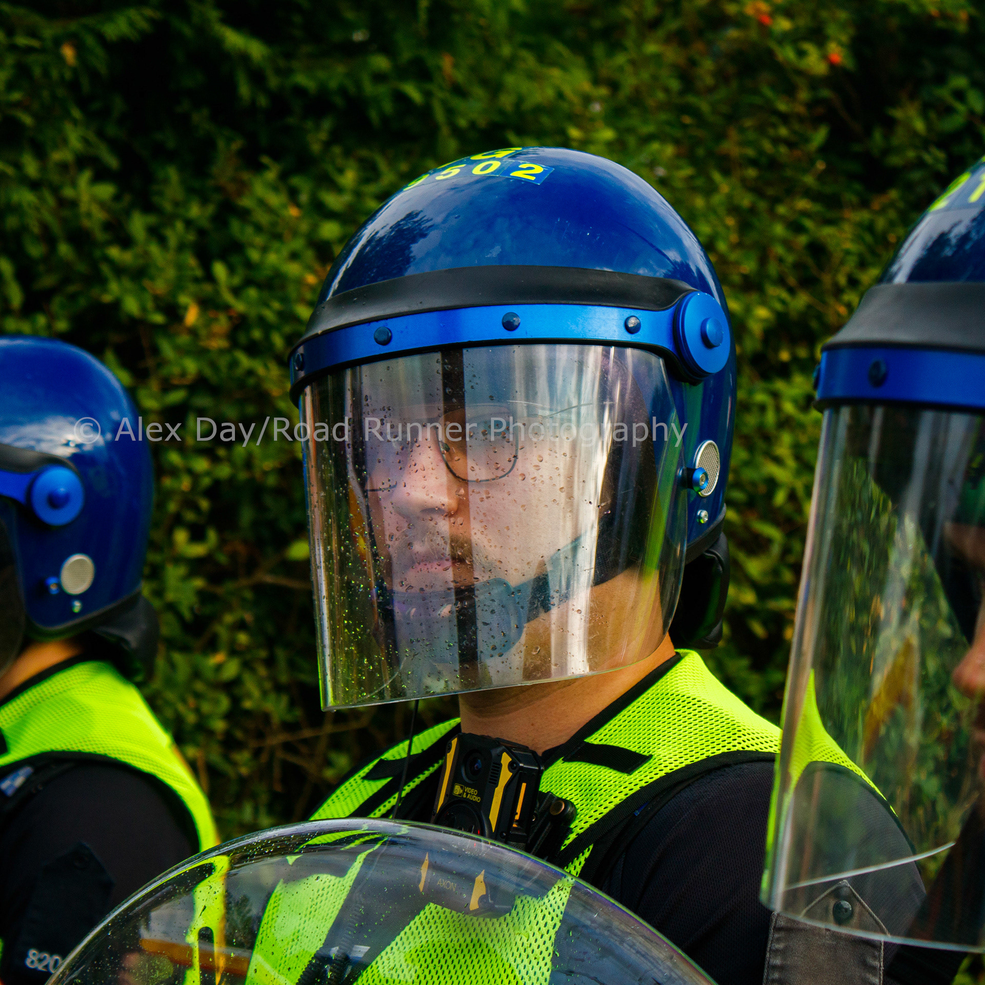 A police officer in riot gear in Epping