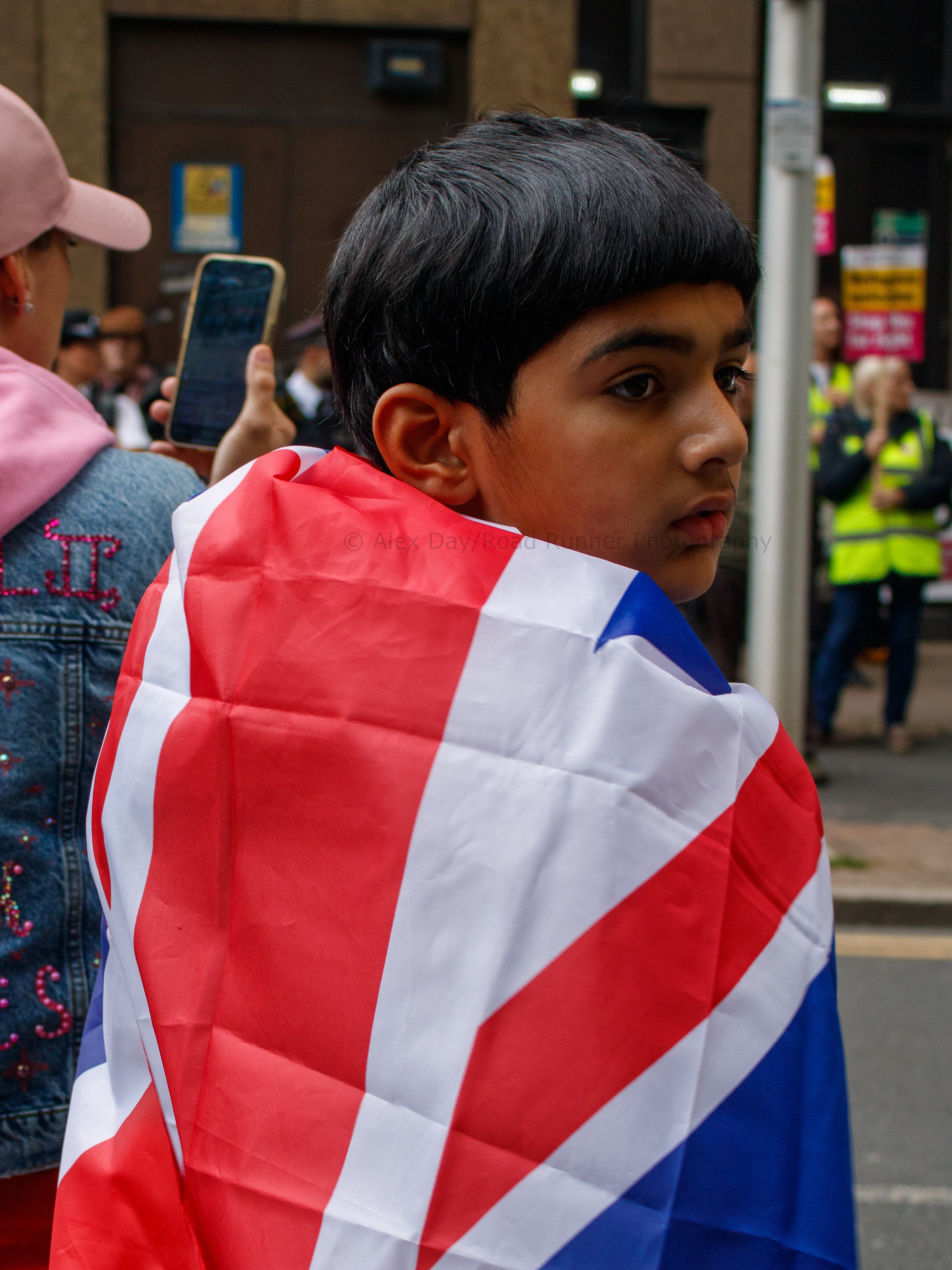 A protester wrapped in the Union Flag