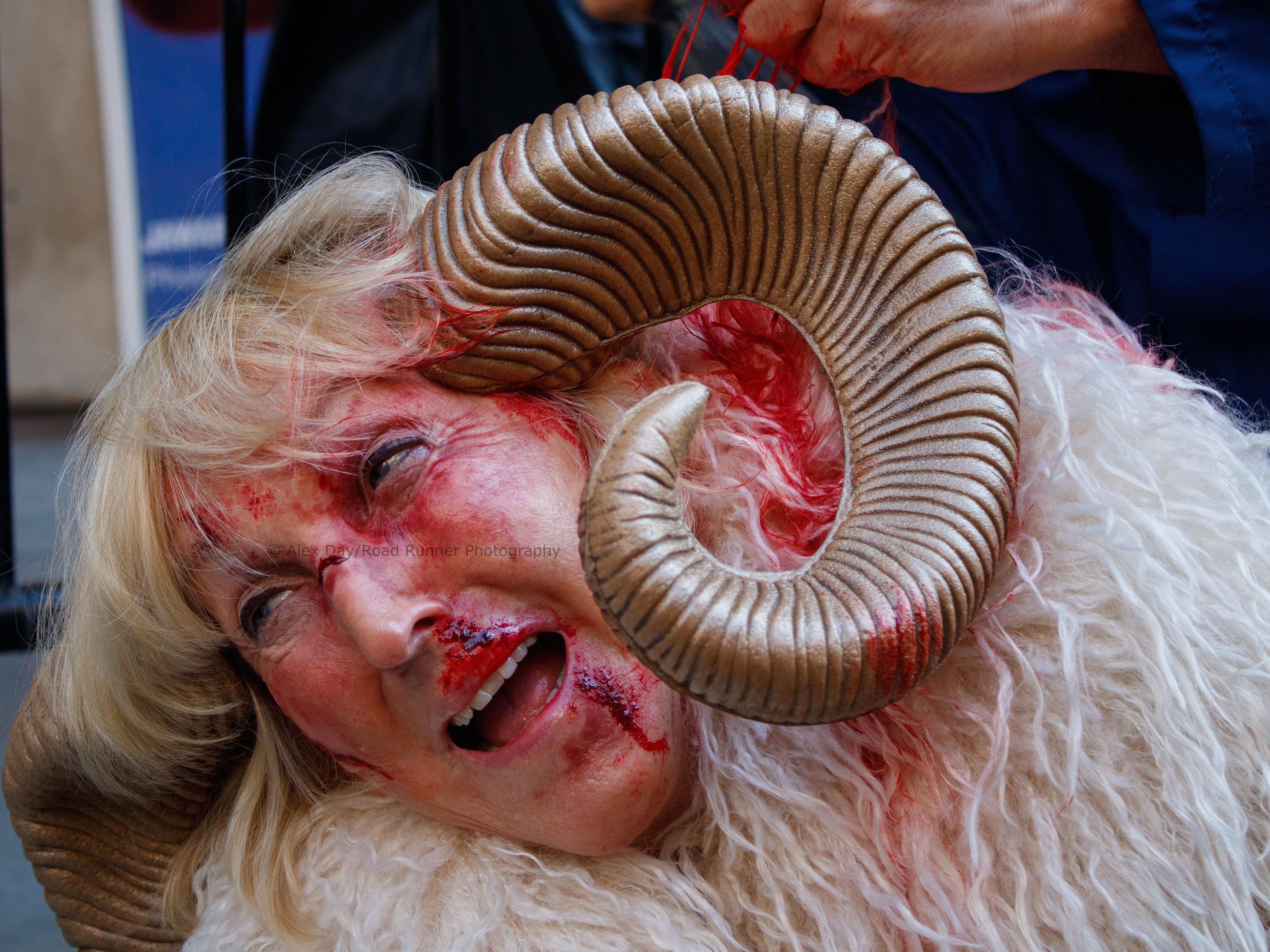 Ingrid Newkirk covered in blood at a protest