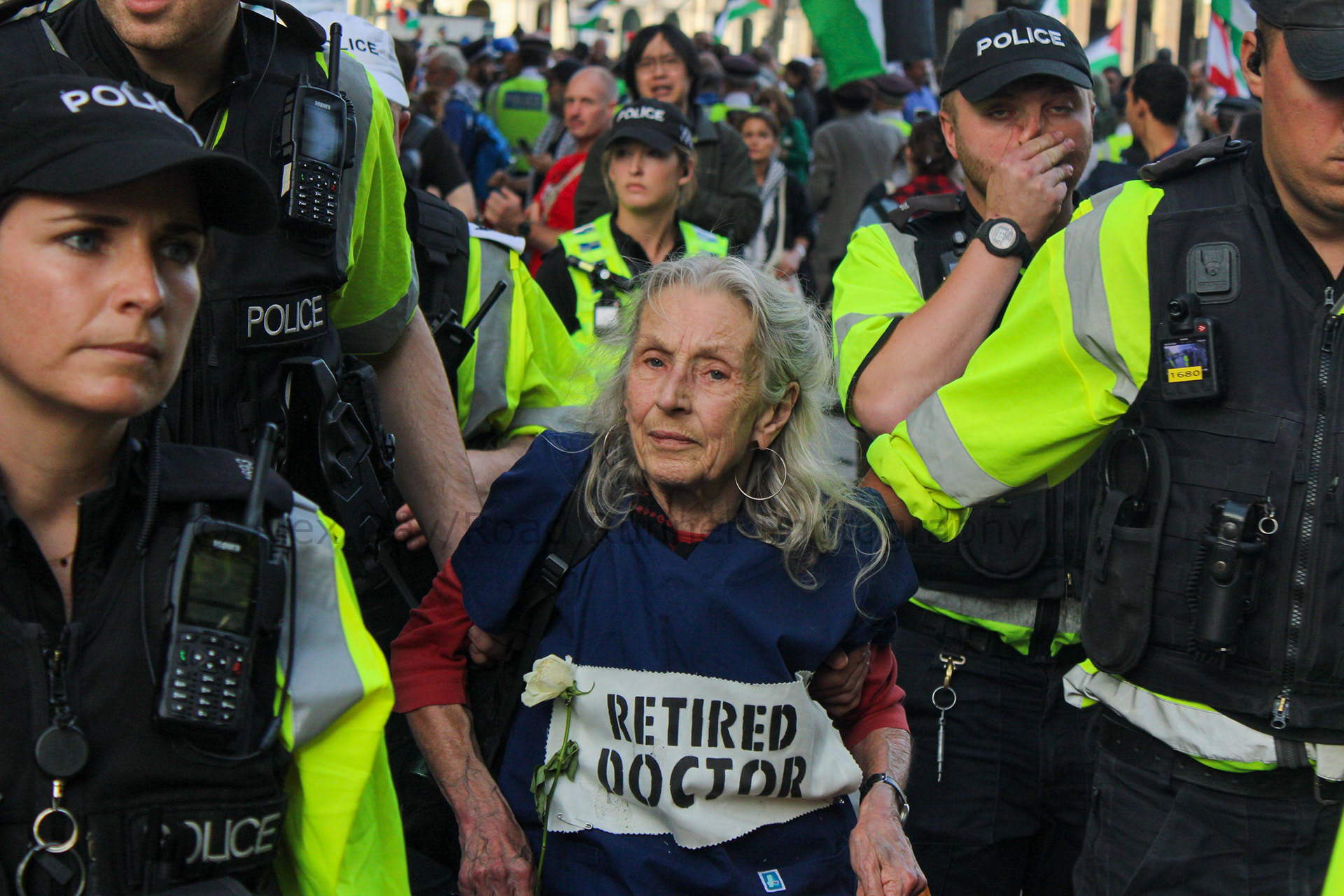 A protester is taken away by police at a protest in support of Palestine Action