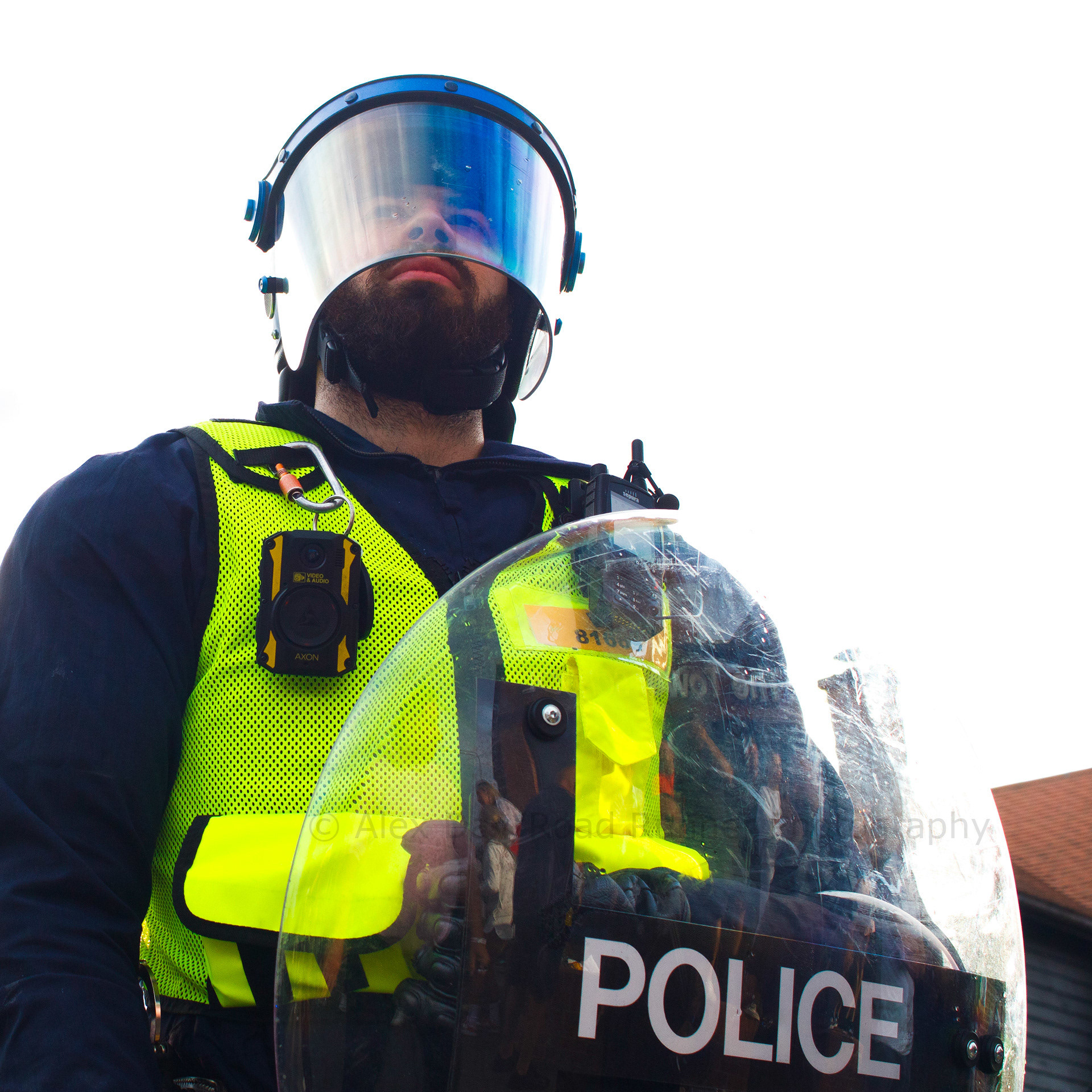 A police officer in riot gear in Epping