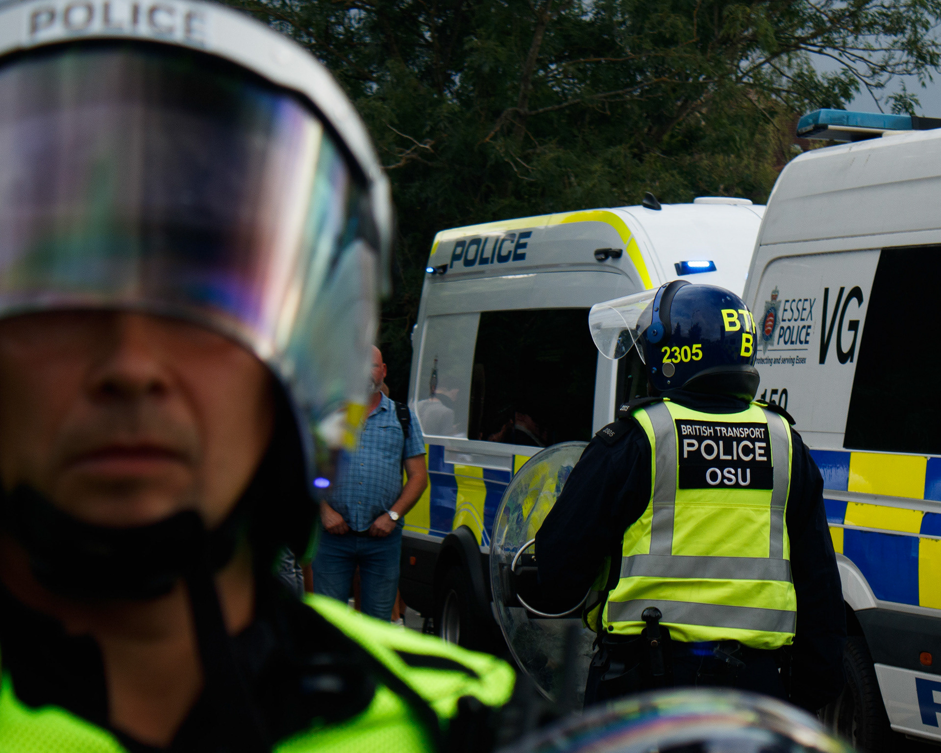 A police officer in riot gear in Epping