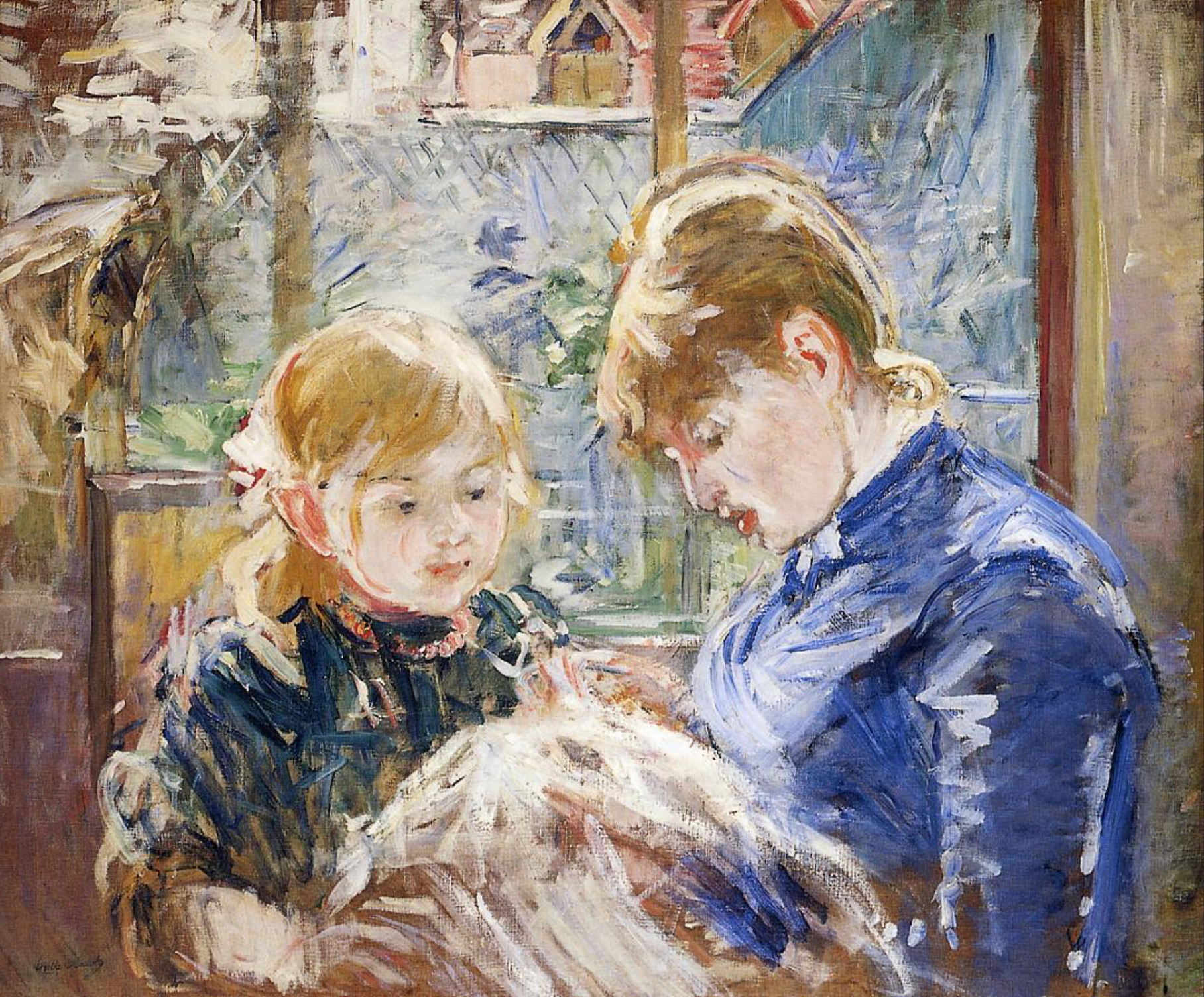 The Sewing Lesson. The Artist's Daughter, Julie, with Her Nanny (1884)
