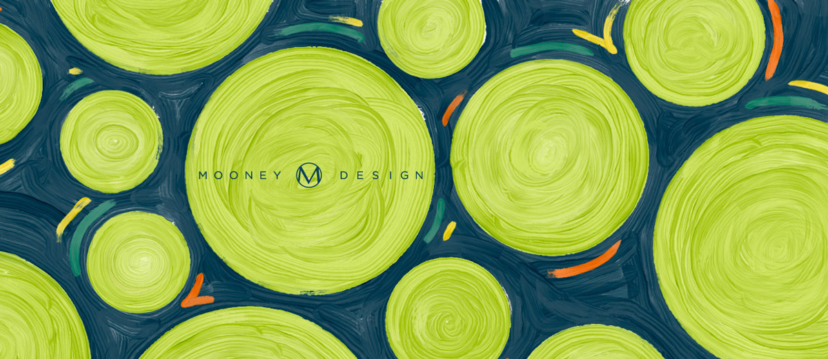 Painted Artwork By Mooney Design. Features green circles surrounded by blue with teal, yellow, and orange movement strokes around some circles. 