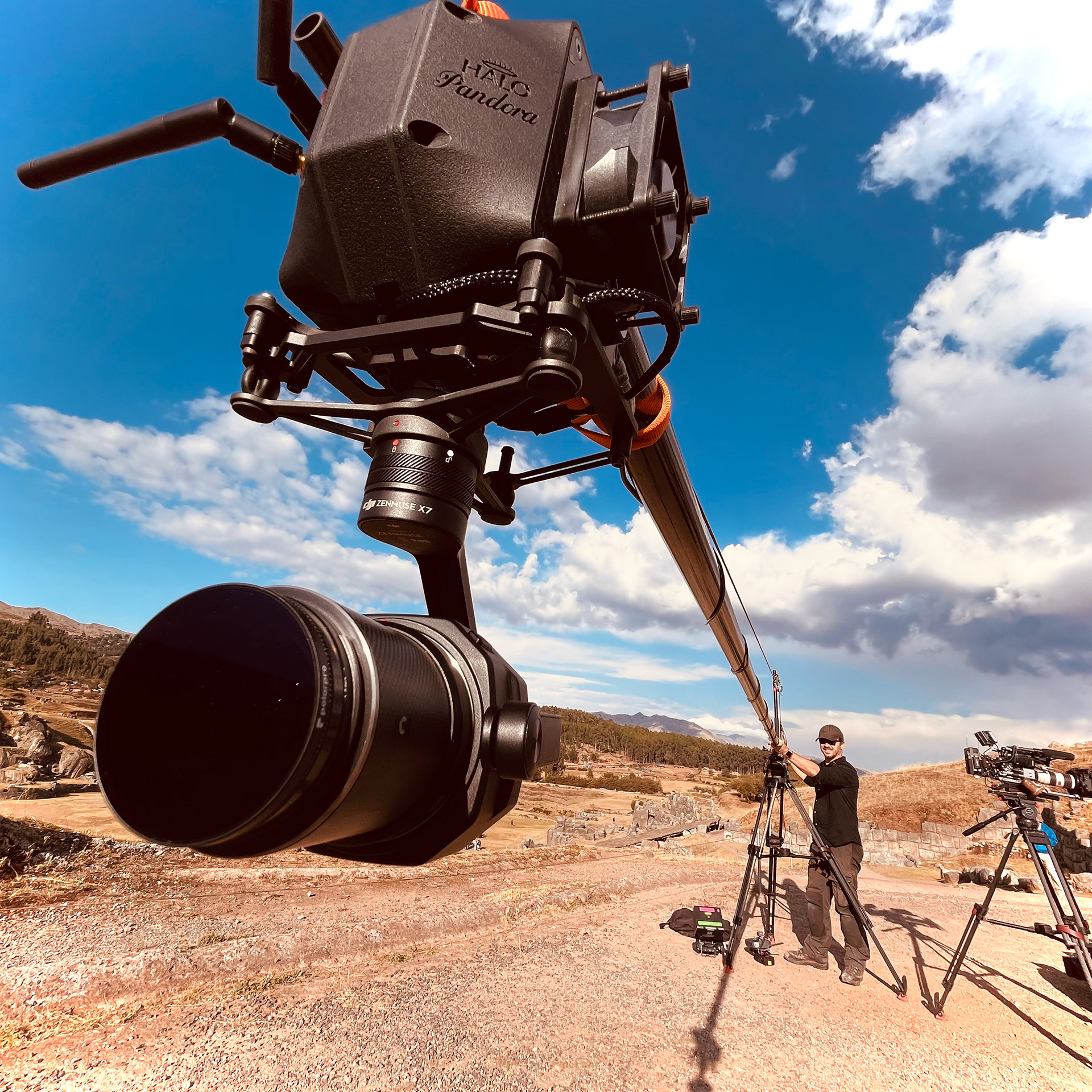 Tom Osborn operating the Pandora/X7 camera on a jib arm at Sacsayhuaman, Cuzco, Peru