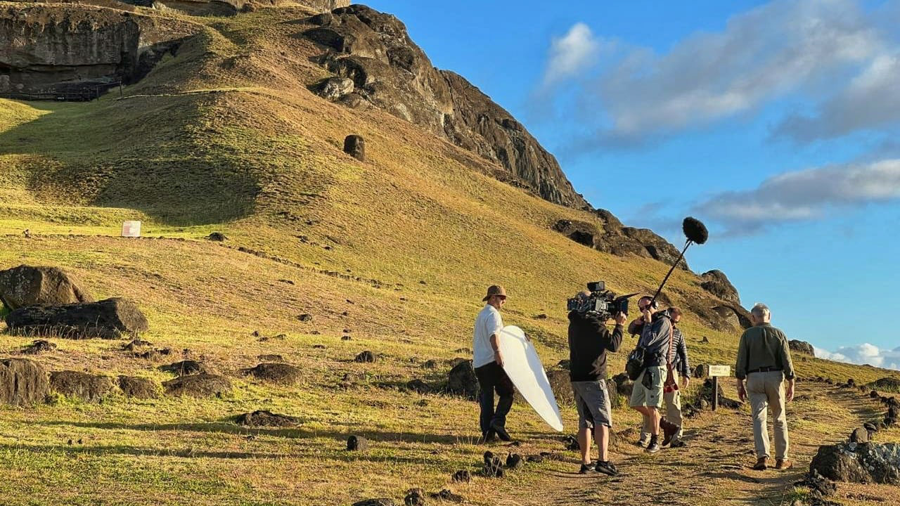 Filming at Rano Raraku, the stone quarry for the mysterious Moai statues of Easter Island