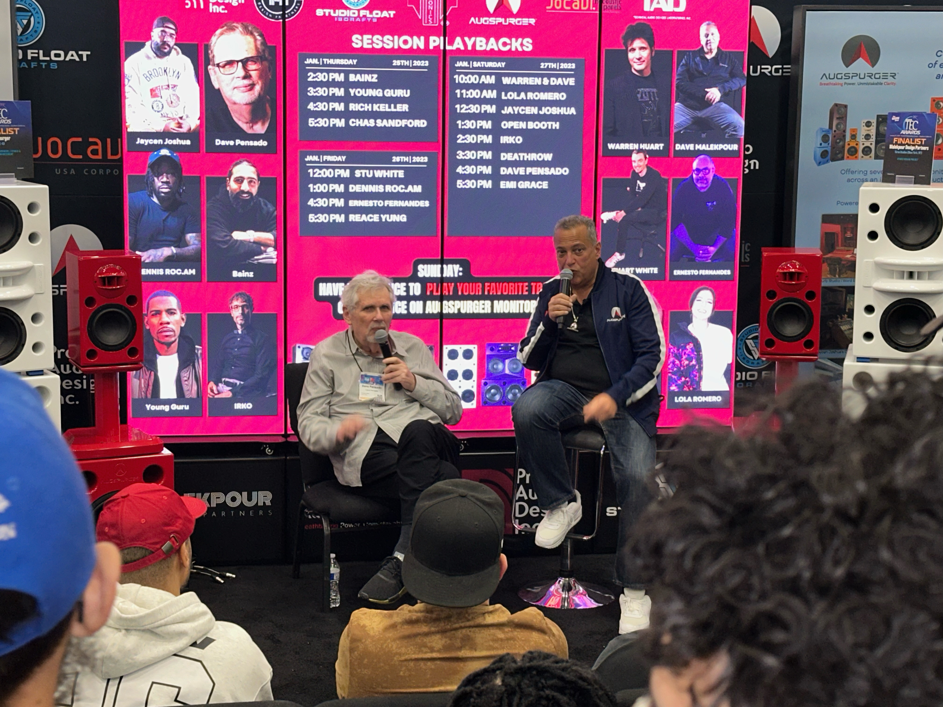 Dave Pensado on the left speaking on his music career.