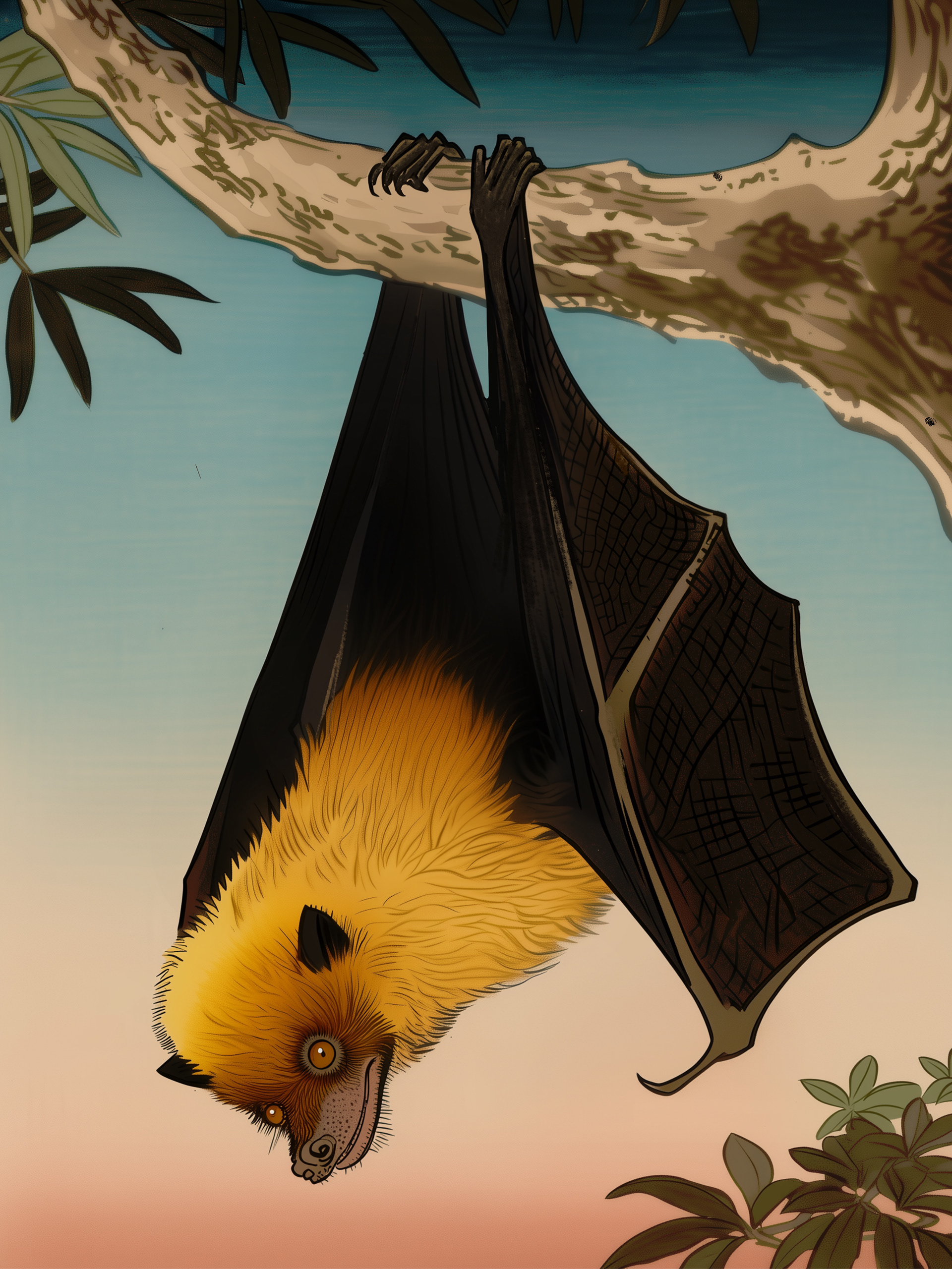 An illustration of a Mauritius Fruit Bat hanging upside down from a tree branch against a soft gradient sky.