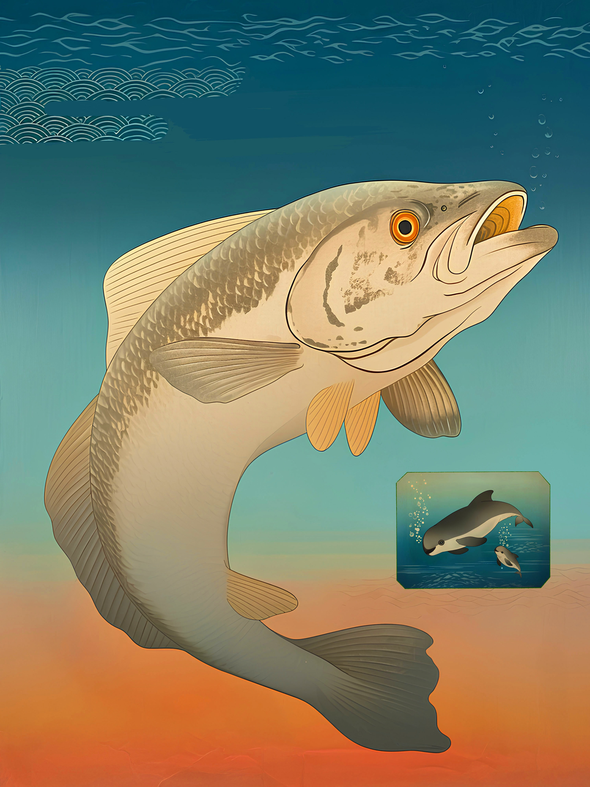 A stylized illustration shows a Totoaba, a large fish with silvery scales, swimming energetically underwater. The background transitions from deep blue at the top to a warm orange hue at the bottom. In the lower right, an inset shows two Vaquitas, the world's most endangered porpoises, swimming underwater.