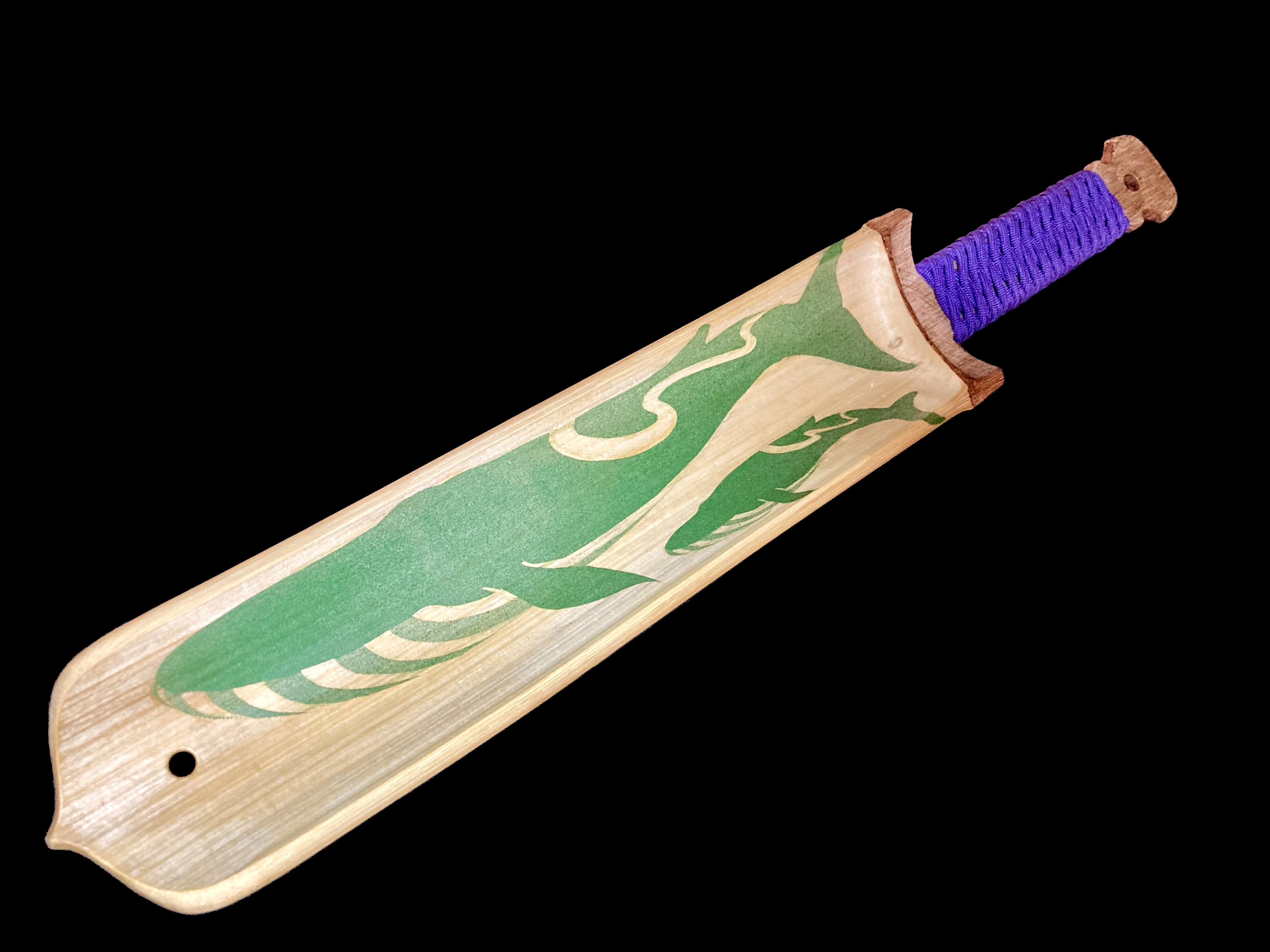 Blue whale parent and child depicted in pigment on the inside of split bamboo.