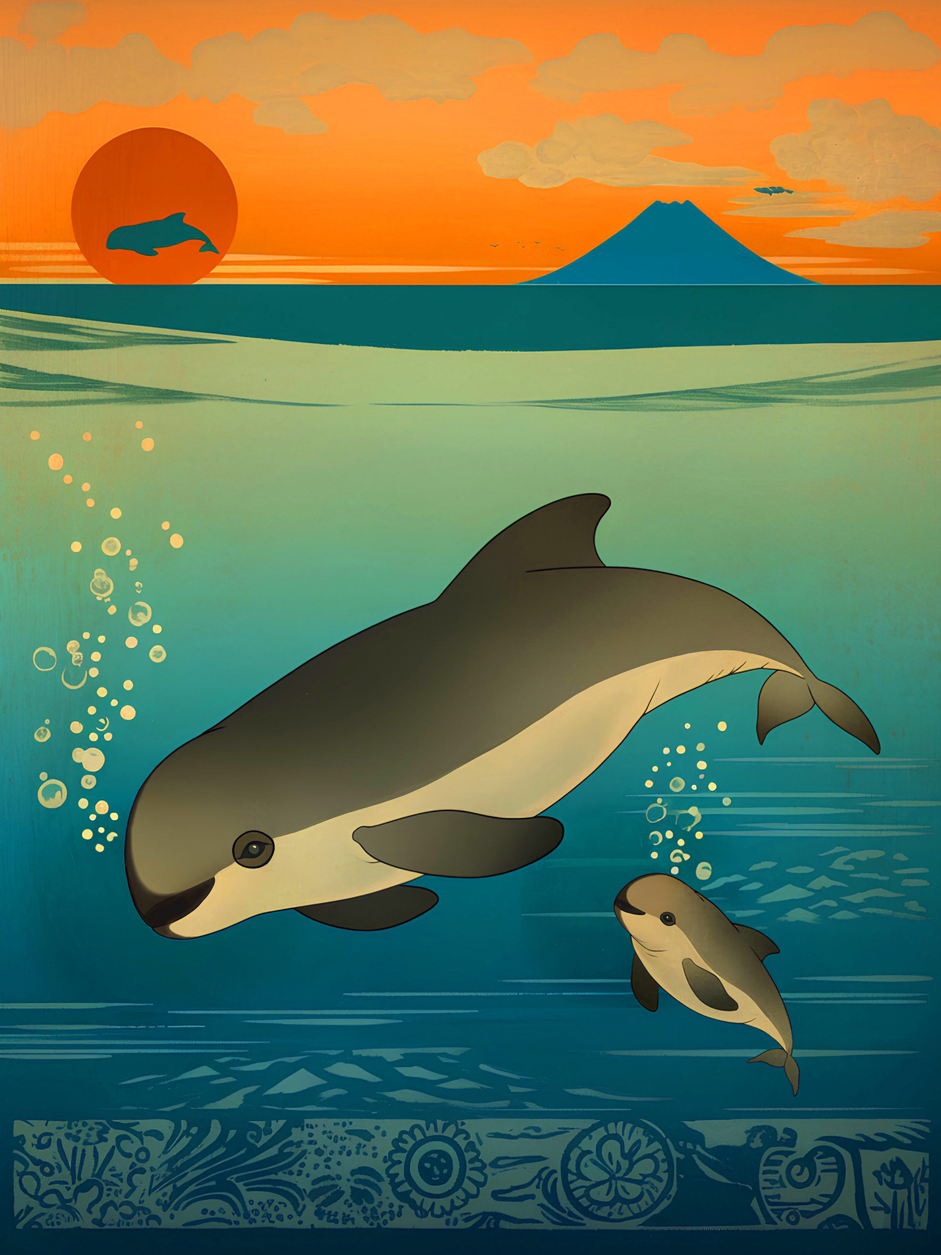 A stylized illustration of a mother Vaquita porpoise and her calf, swimming underwater. They have a sleek, gray body with dark eye patches and lips. The background transitions from deep blue to warm orange, depicting a seascape at sunset with a distant mountain. Decorative patterns inspired by marine life and cultural motifs adorn the lower part of the image.