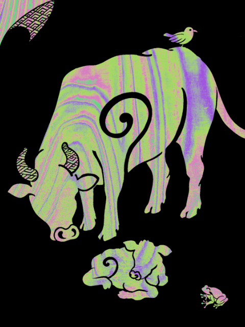 Art depicting a cow parent and calf.