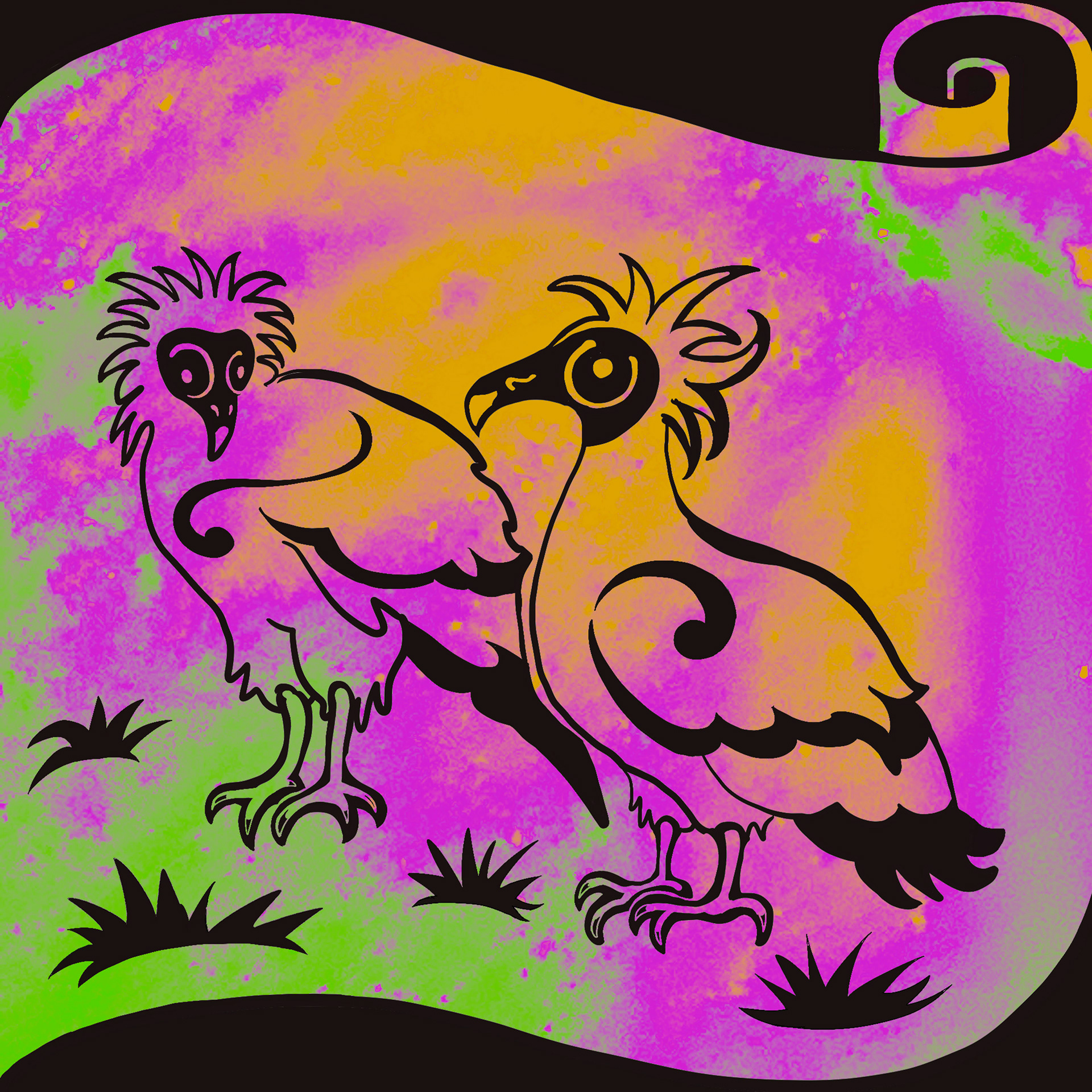 Two Egyptian vultures standing in a meadow.