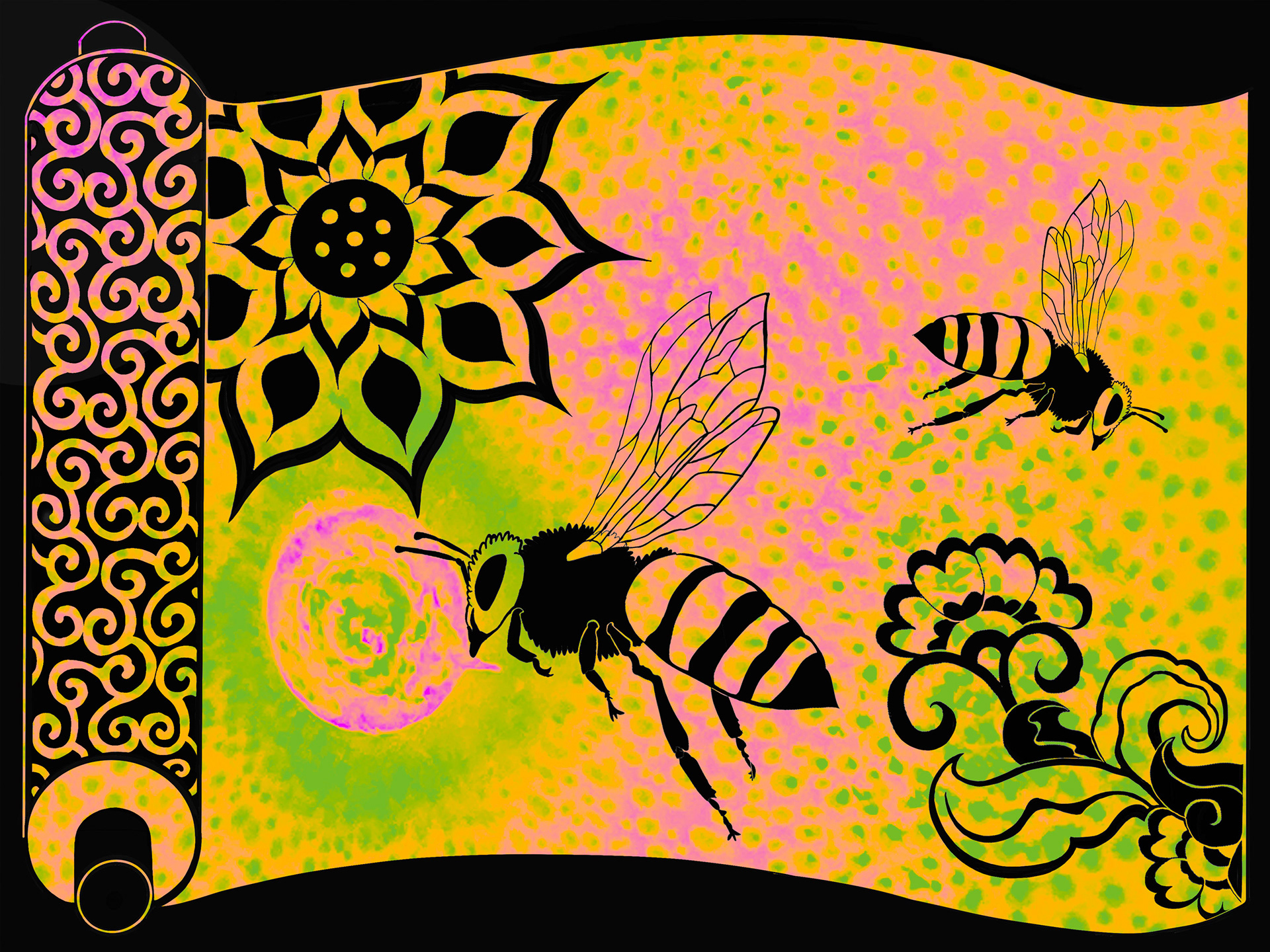 Bees and flowers on a traditional oriental scroll. Enlarged image of a tangerine peel is the background pattern.