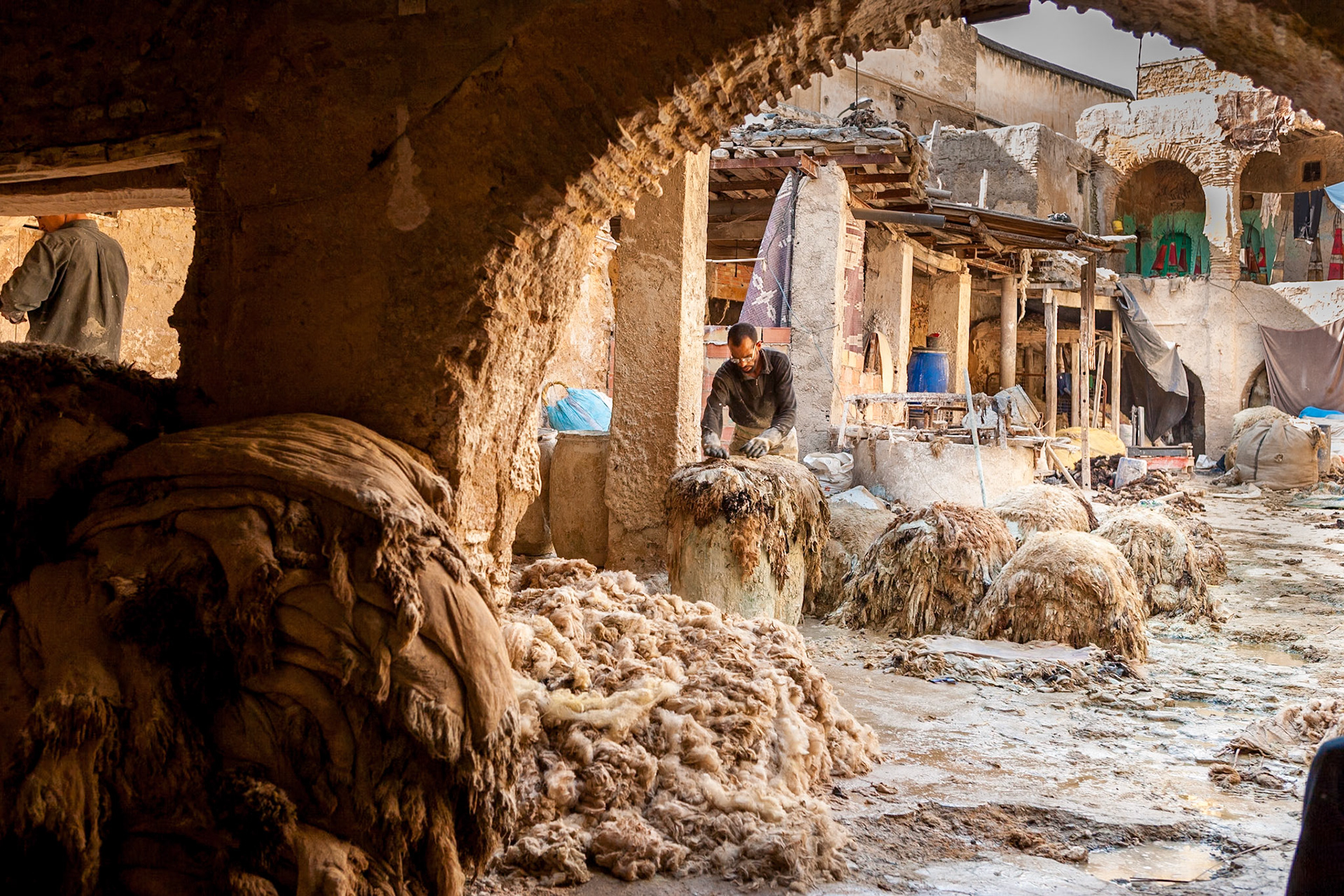 Cleaning animal skins, tanning, tannery at Souk at Fez, Morocco