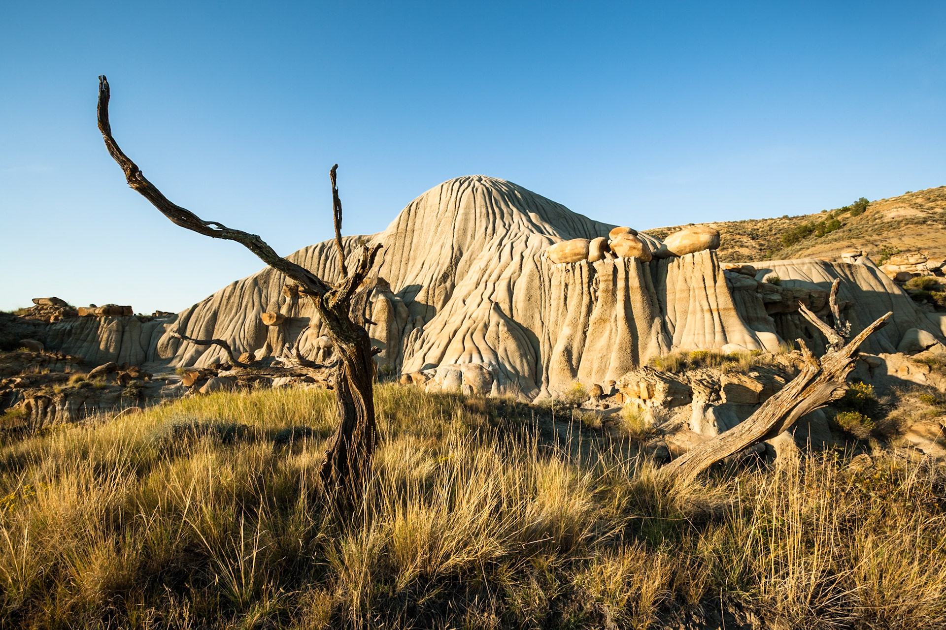 Erosion at Makoshika State Park at sunset, Montana, North America, USA
