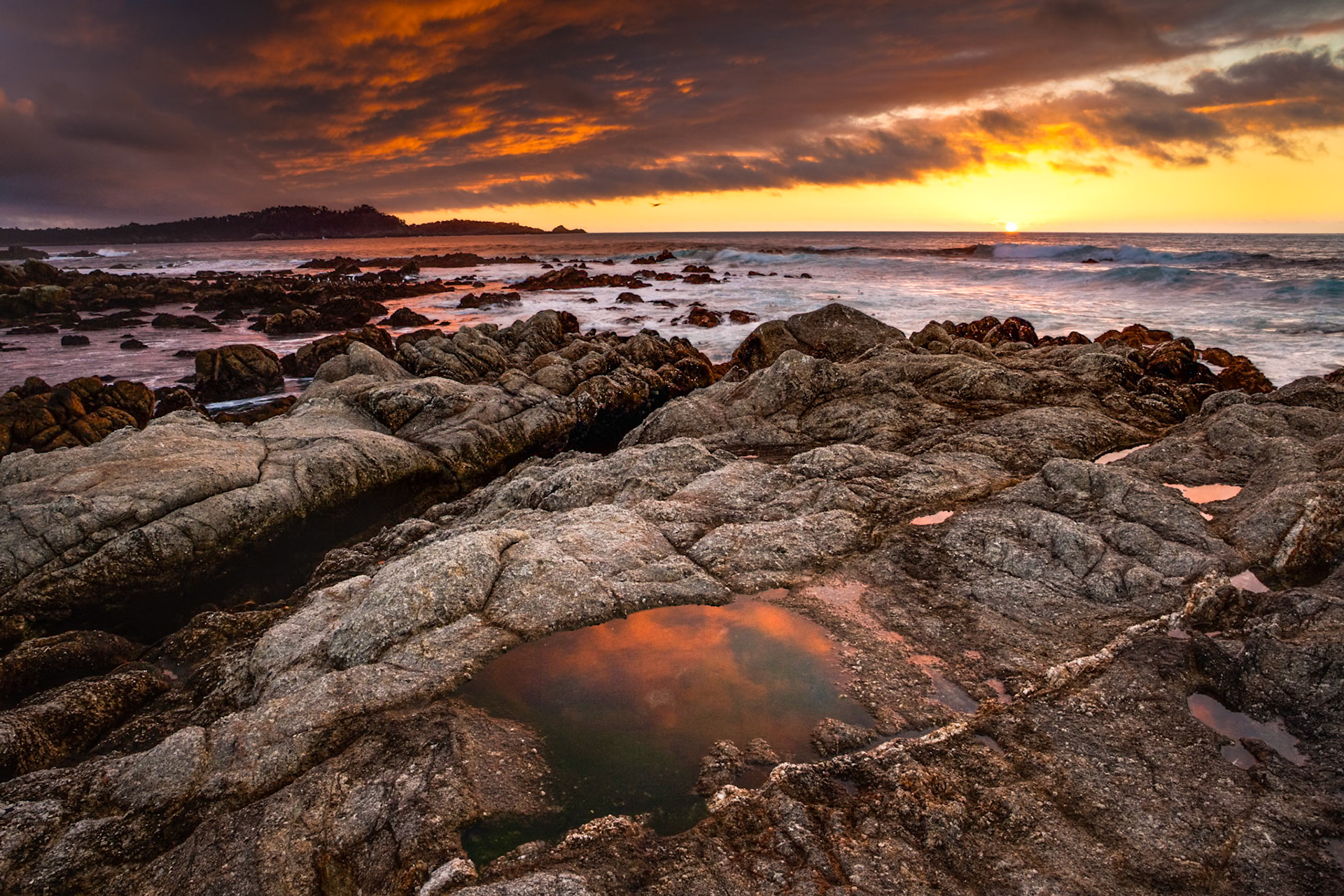 Beach of Carmel at sunset, California, USA