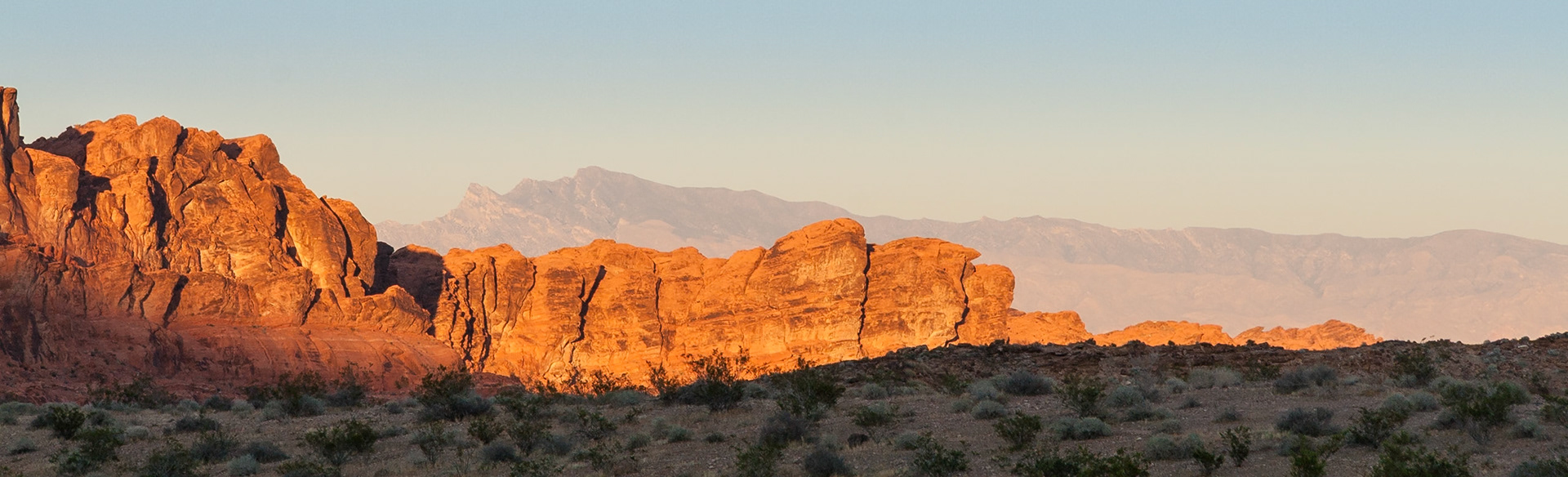 Panorama of red rockss at sunset at Valley of Fire State Park, UT, USA