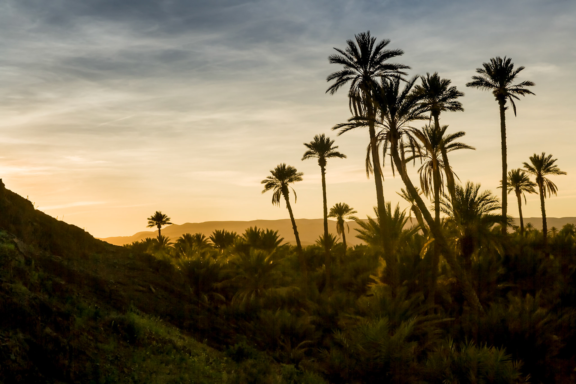 Sunset at Kasbah and Palmeria near Agdz, Morocco
